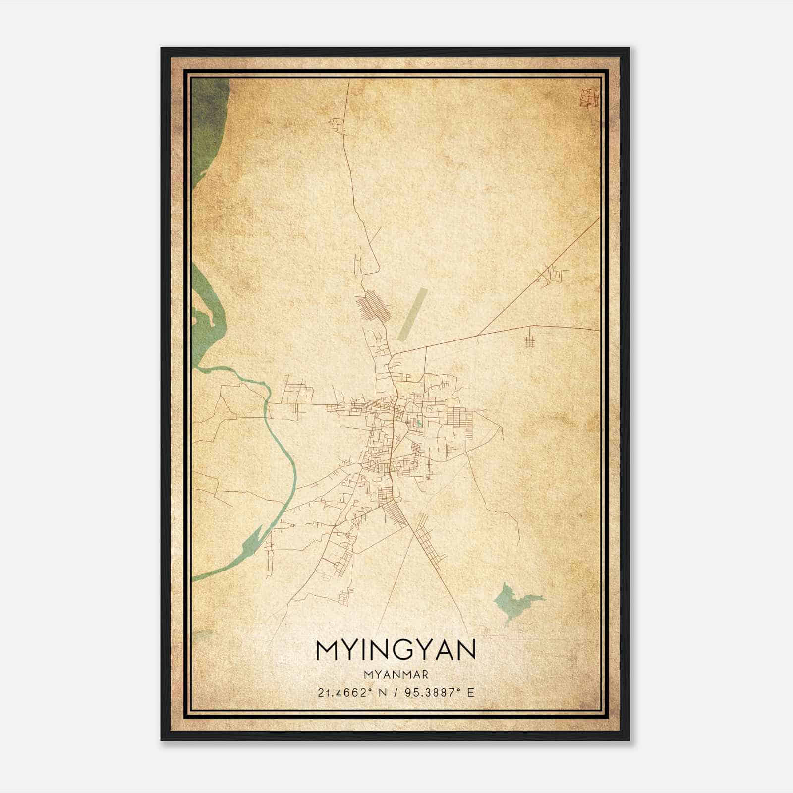 Vintage Myingyan Myanmar Map Poster, Myingyan City Road Wall Art Print