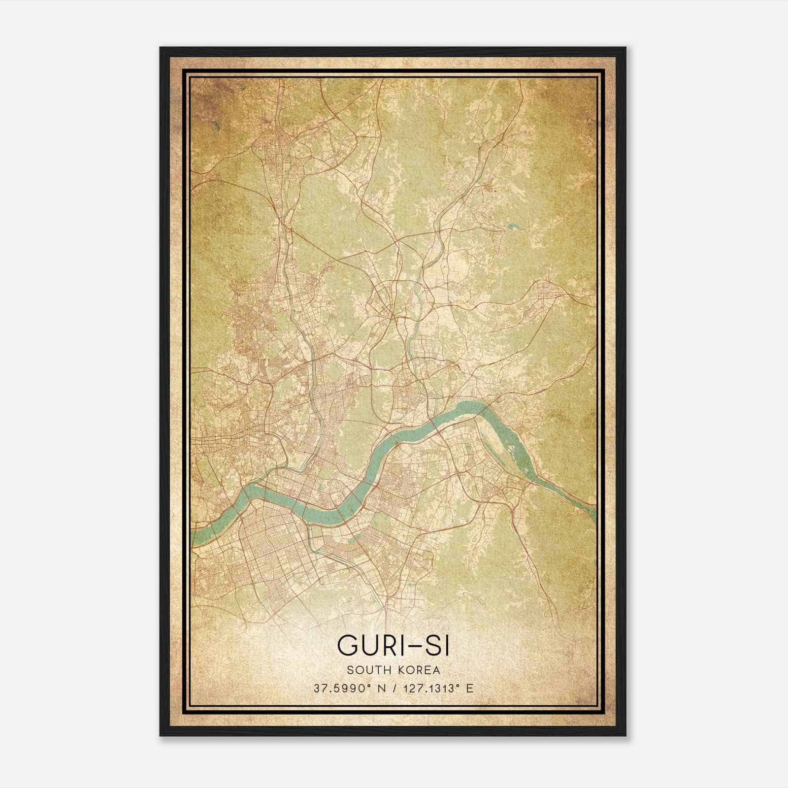 Vintage Gurisi South Korea Map Poster, Gurisi City Road Wall Art Print