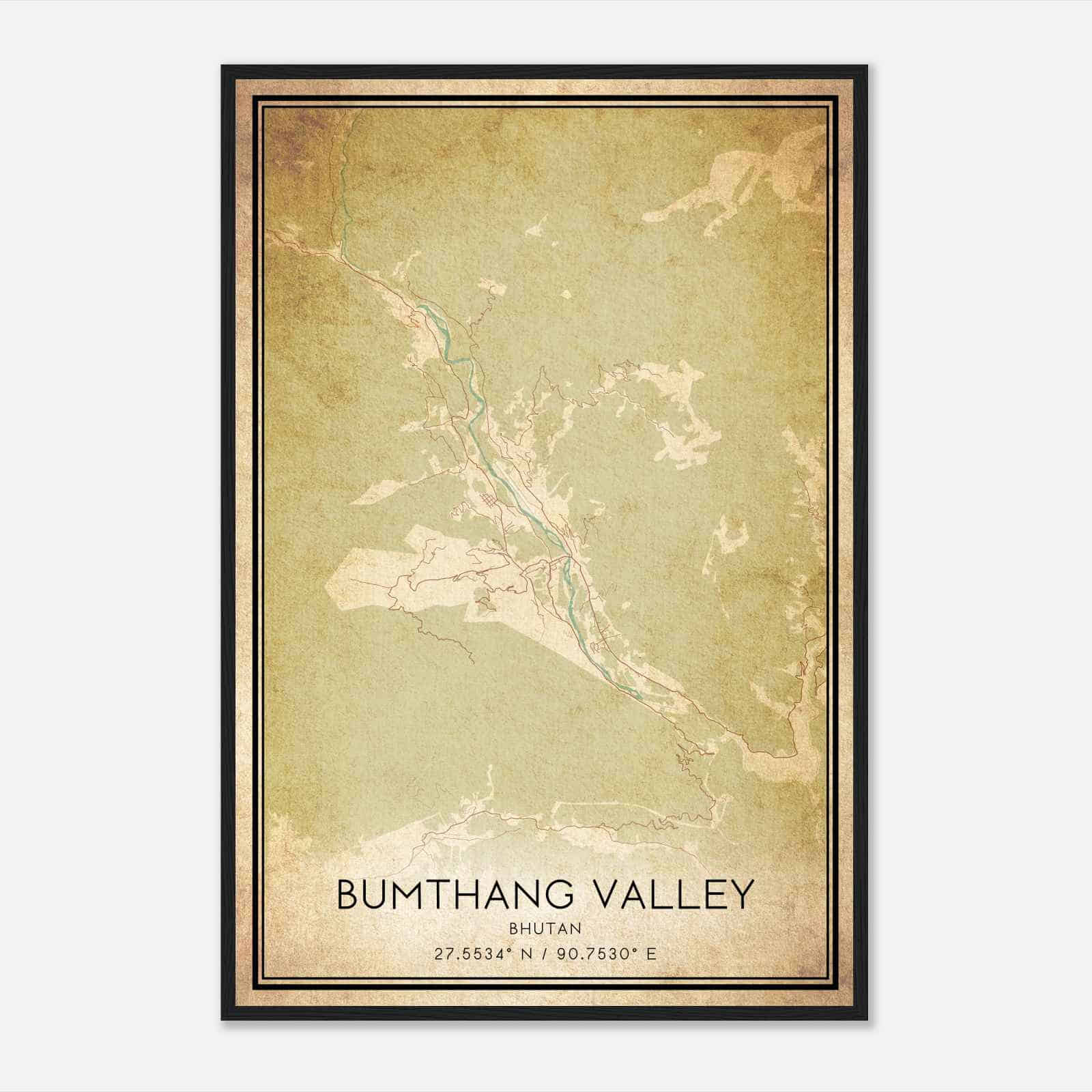 Vintage Bumthang Valley Bhutan Map Poster, Bumthang Valley City Road Wall Art Print