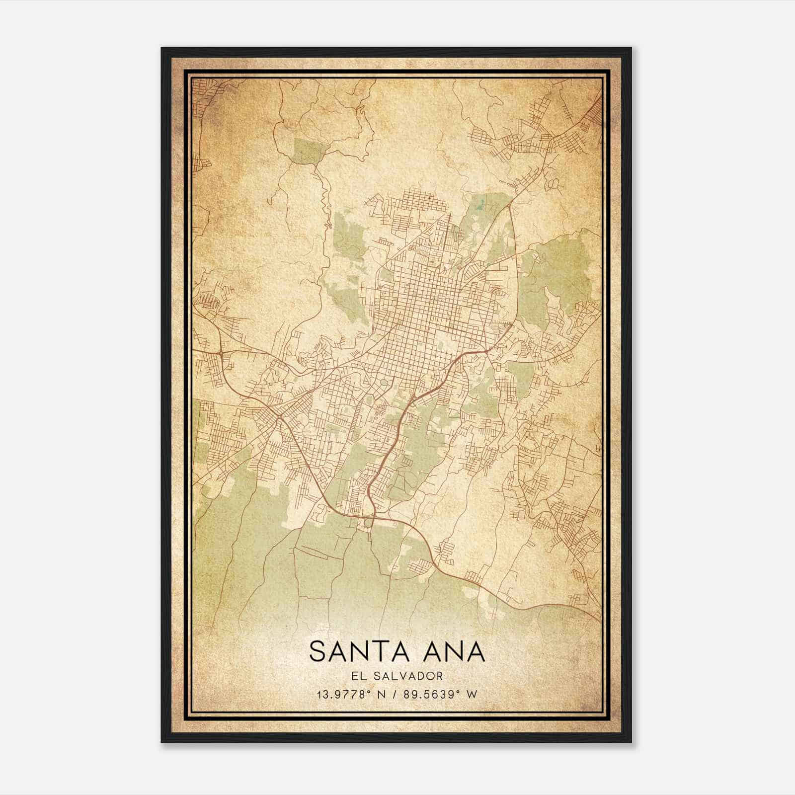 Vintage Santa Ana El Salvador Map Poster, Santa Ana City Road Wall Art Print