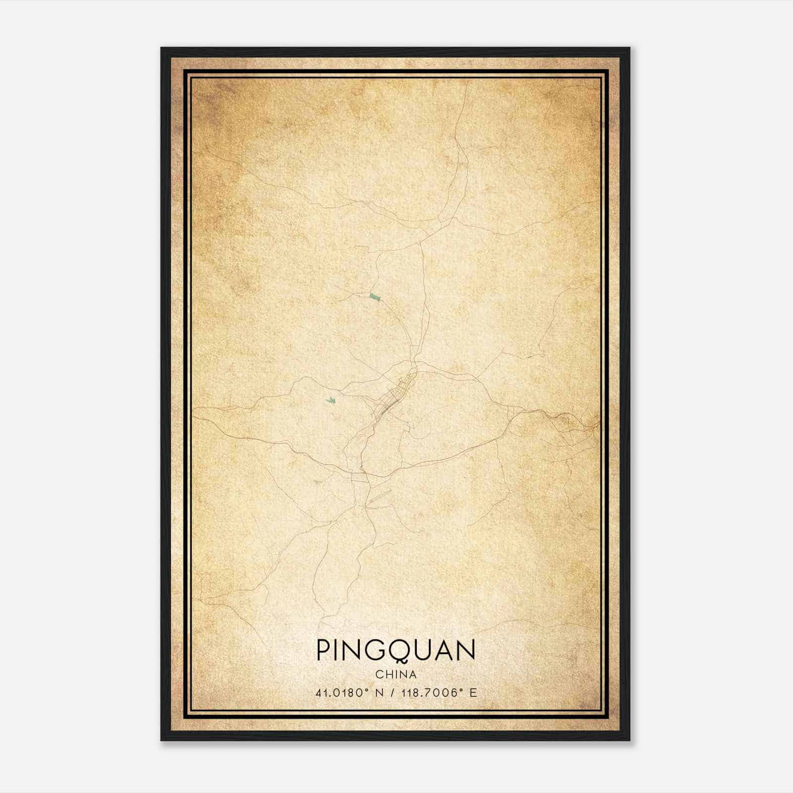Vintage Pingquan China Map Poster, Pingquan City Road Wall Art Print