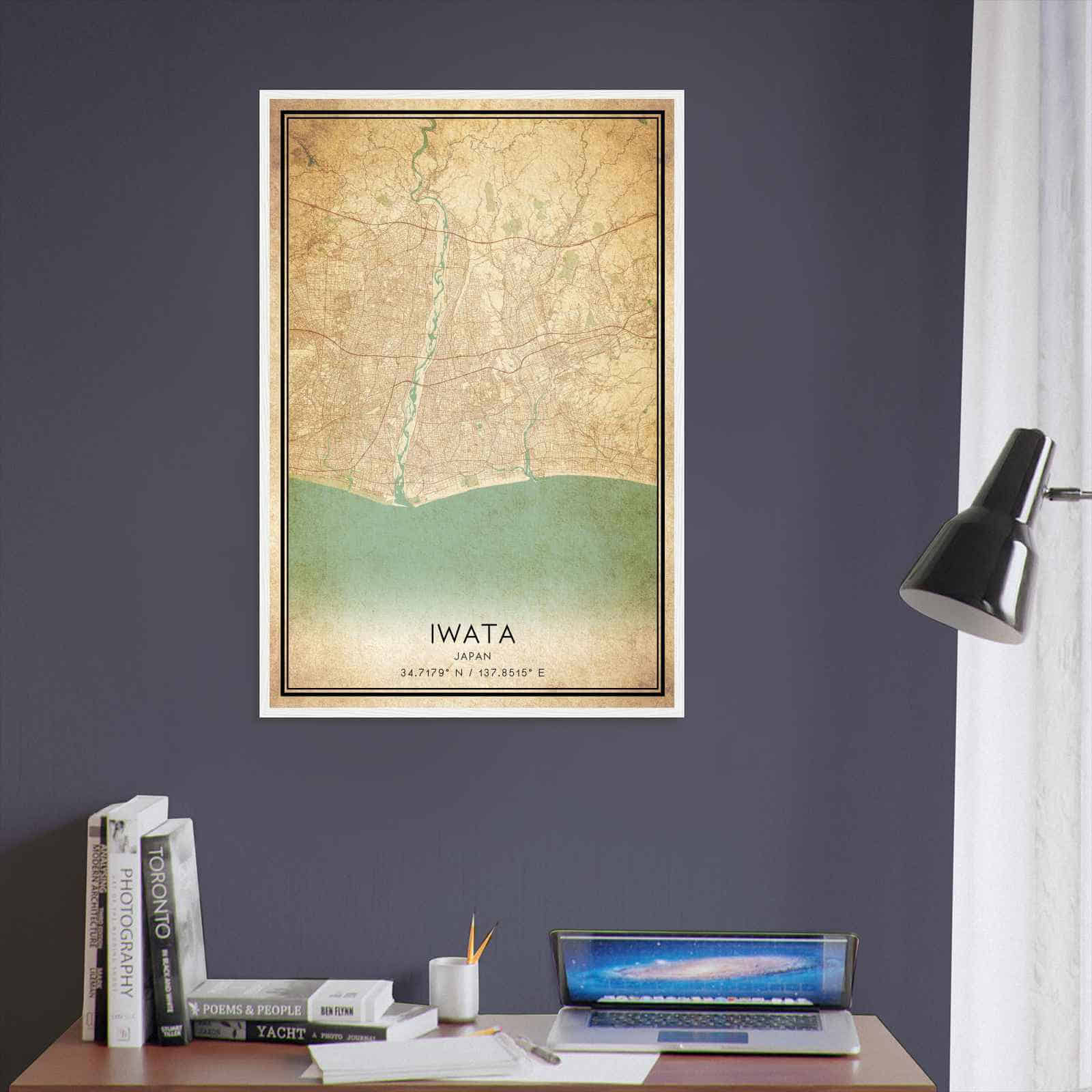 Vintage Iwata Japan Map Poster, Iwata City Road Wall Art Print