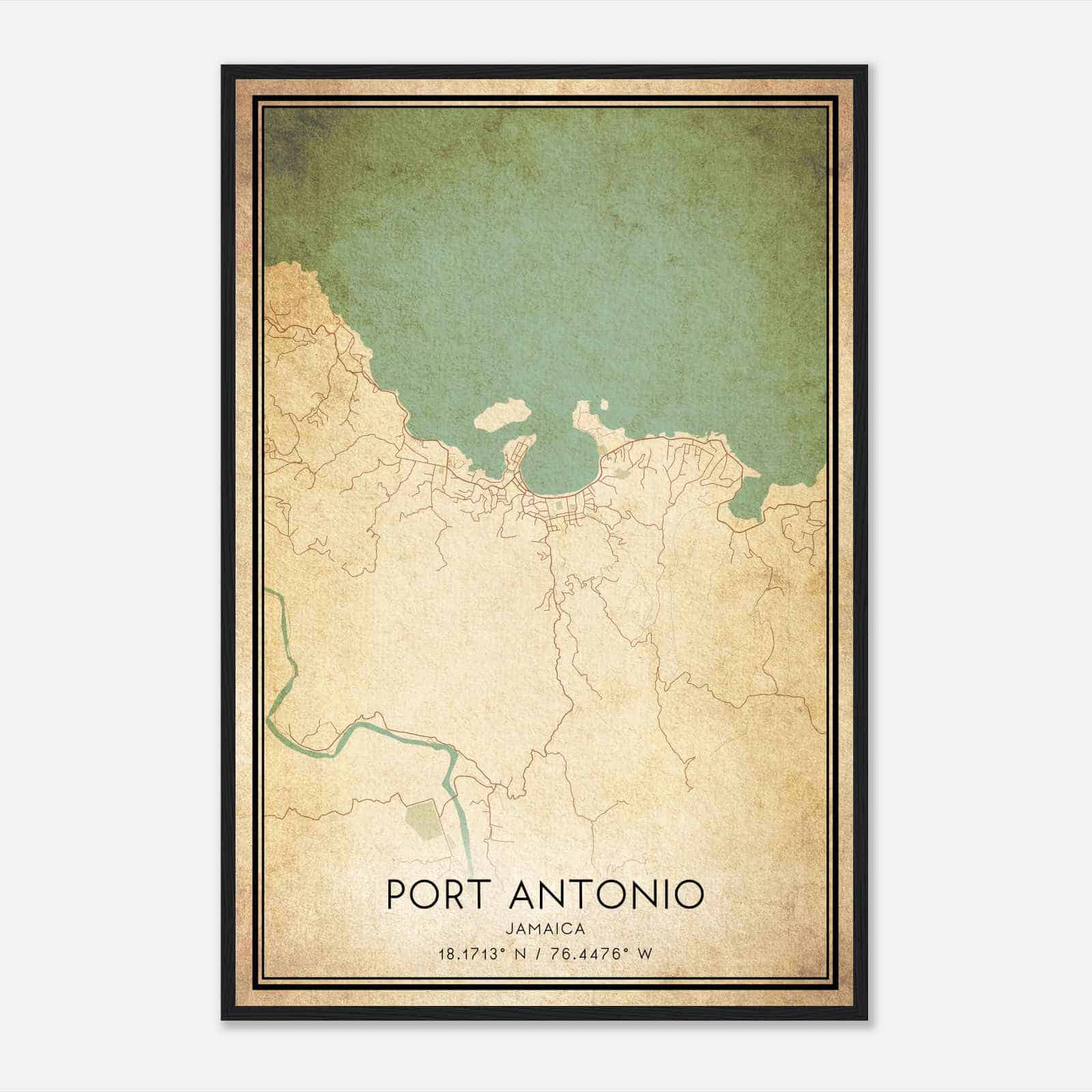 Vintage Port Antonio Jamaica Map Poster, Port Antonio City Road Wall Art Print