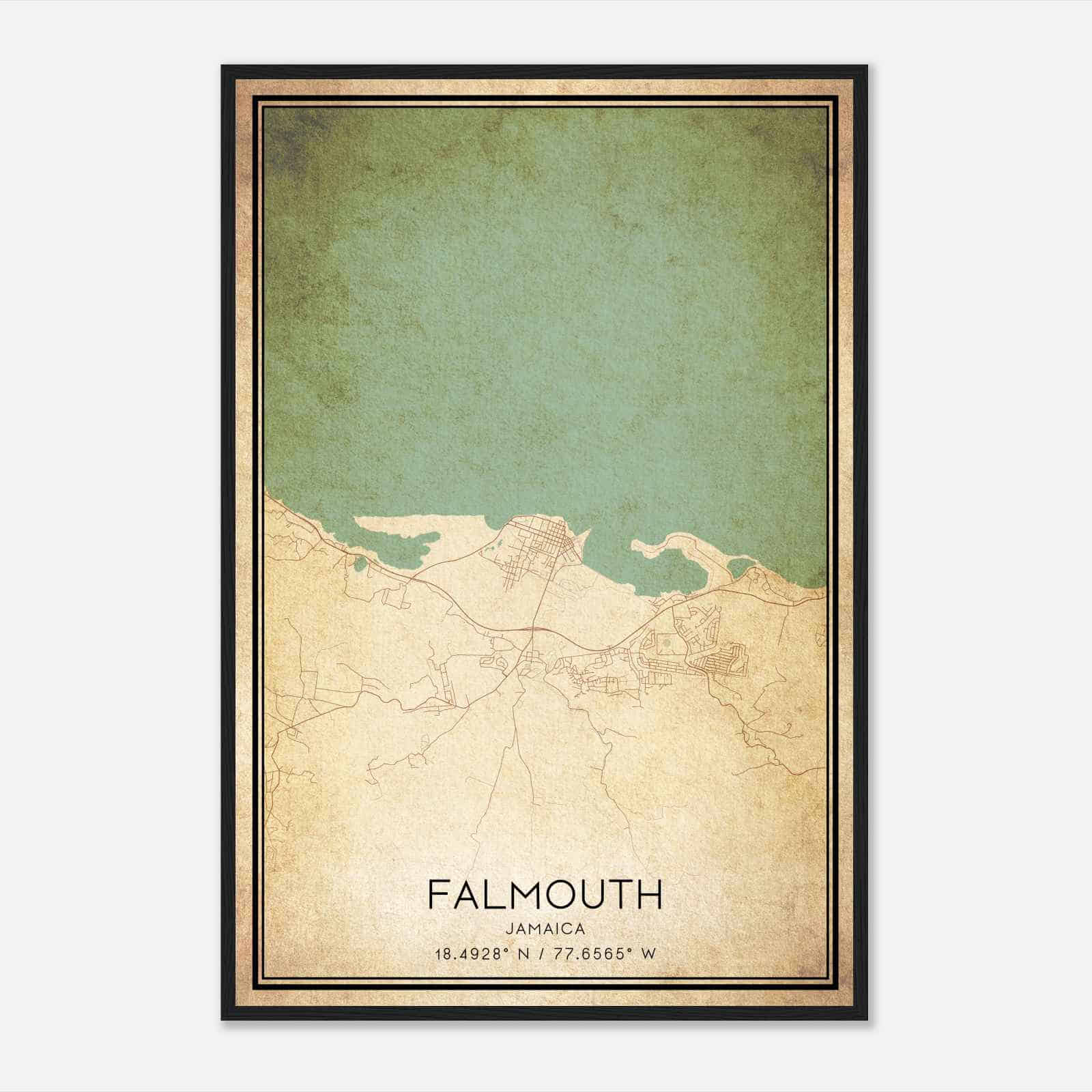 Vintage Falmouth Jamaica Map Poster, Falmouth City Road Wall Art Print