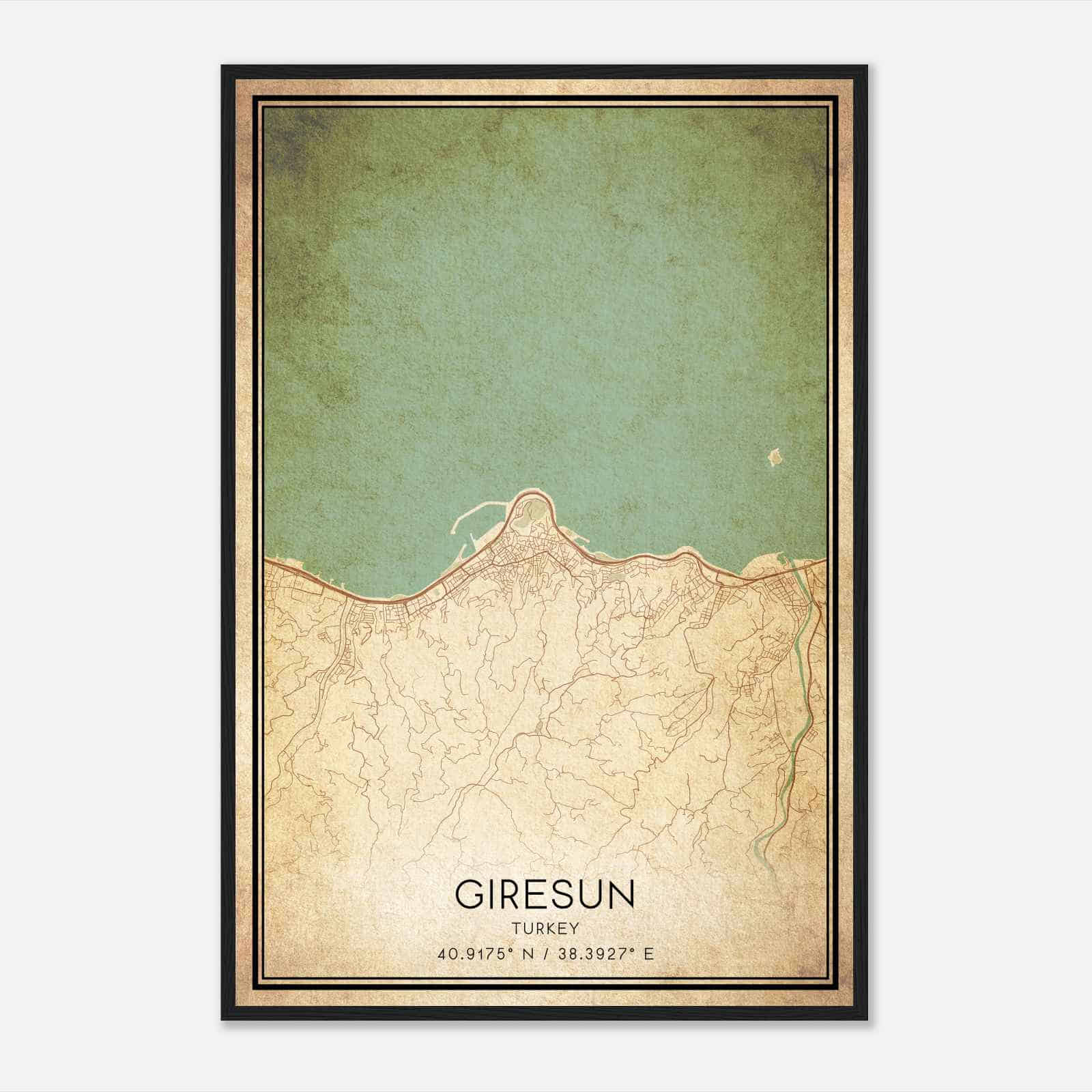 Vintage Giresun Turkey Map Poster, Giresun City Road Wall Art Print