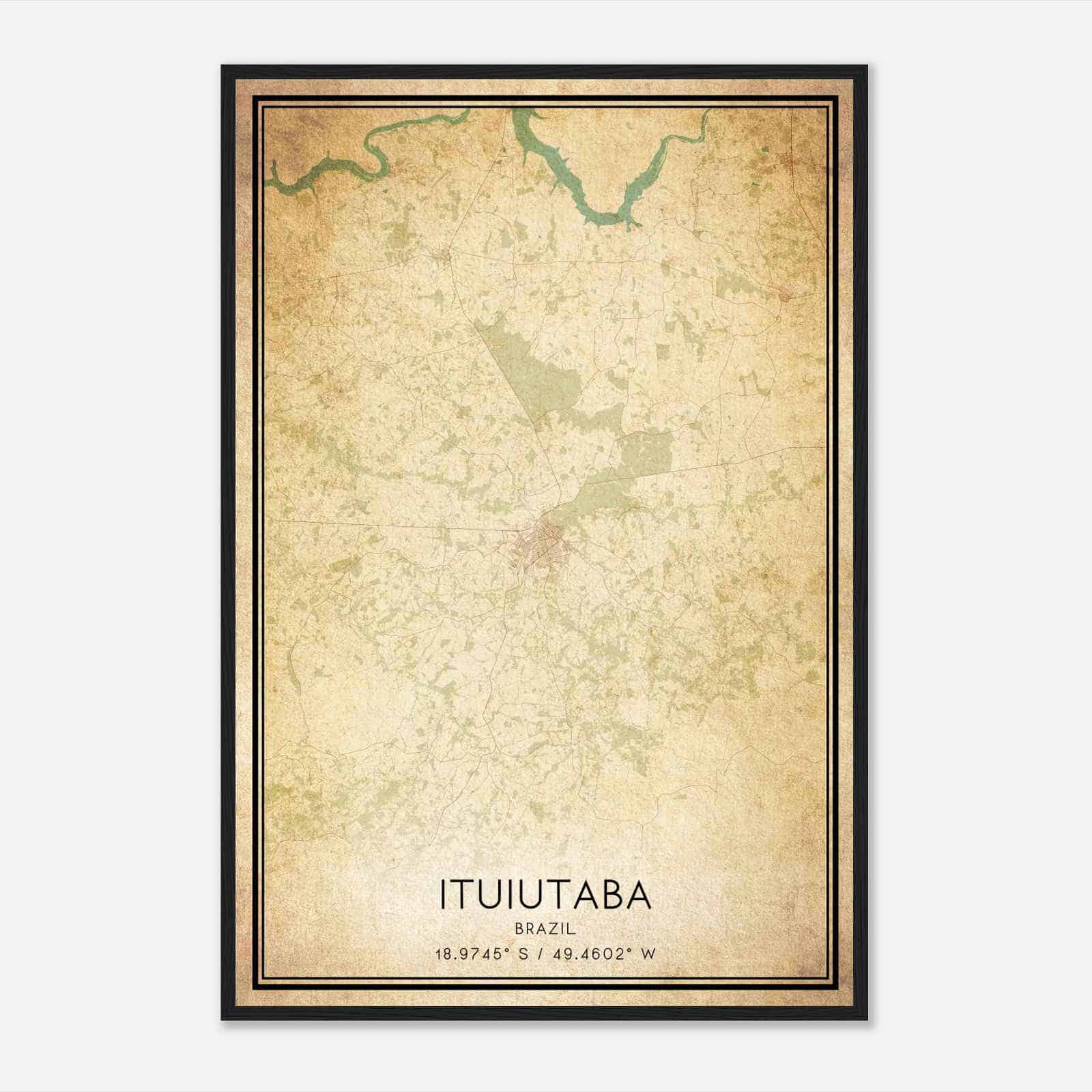 Vintage Ituiutaba Brazil Map Poster, Ituiutaba City Road Wall Art Print