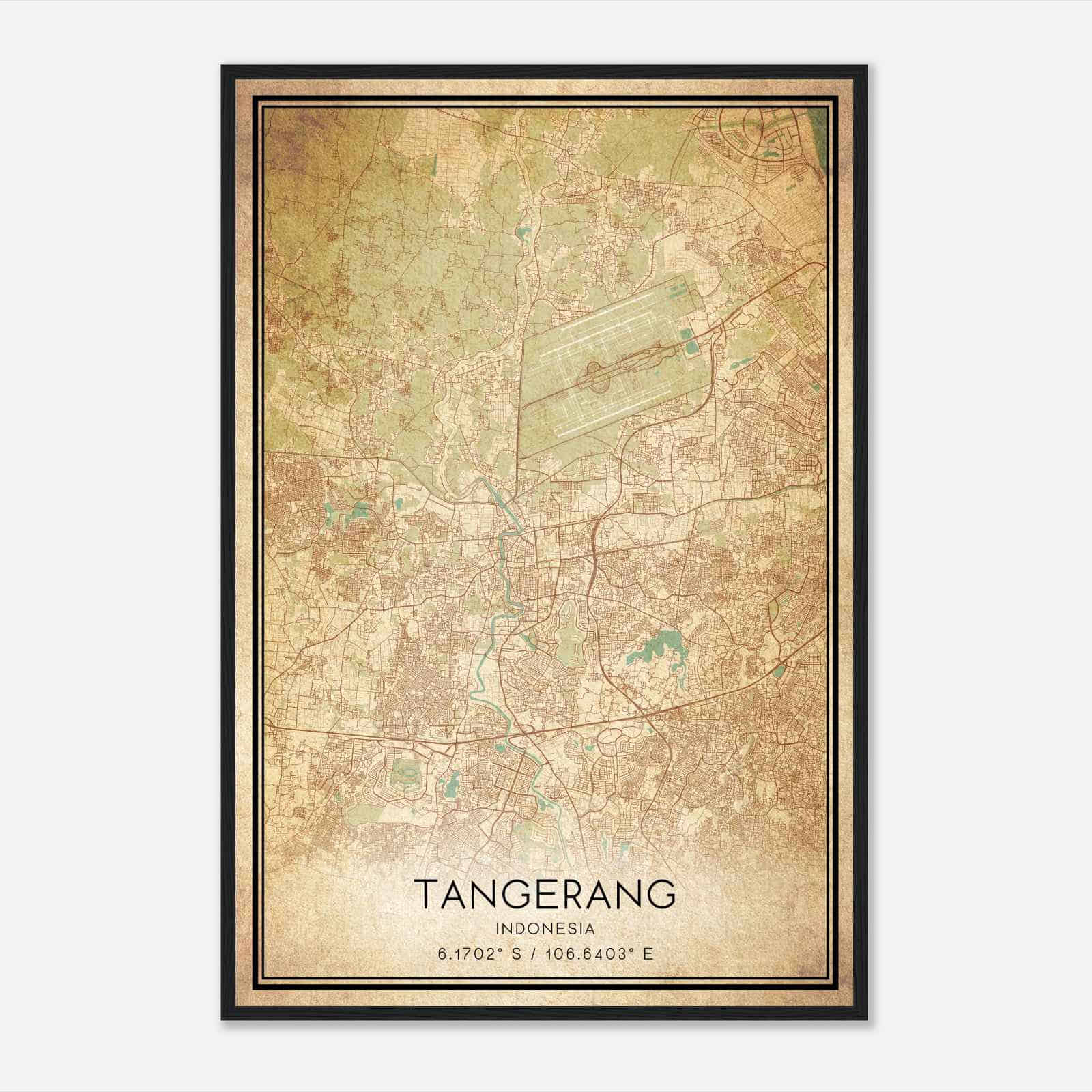 Vintage Tangerang Indonesia Map Poster, Tangerang City Road Wall Art Print