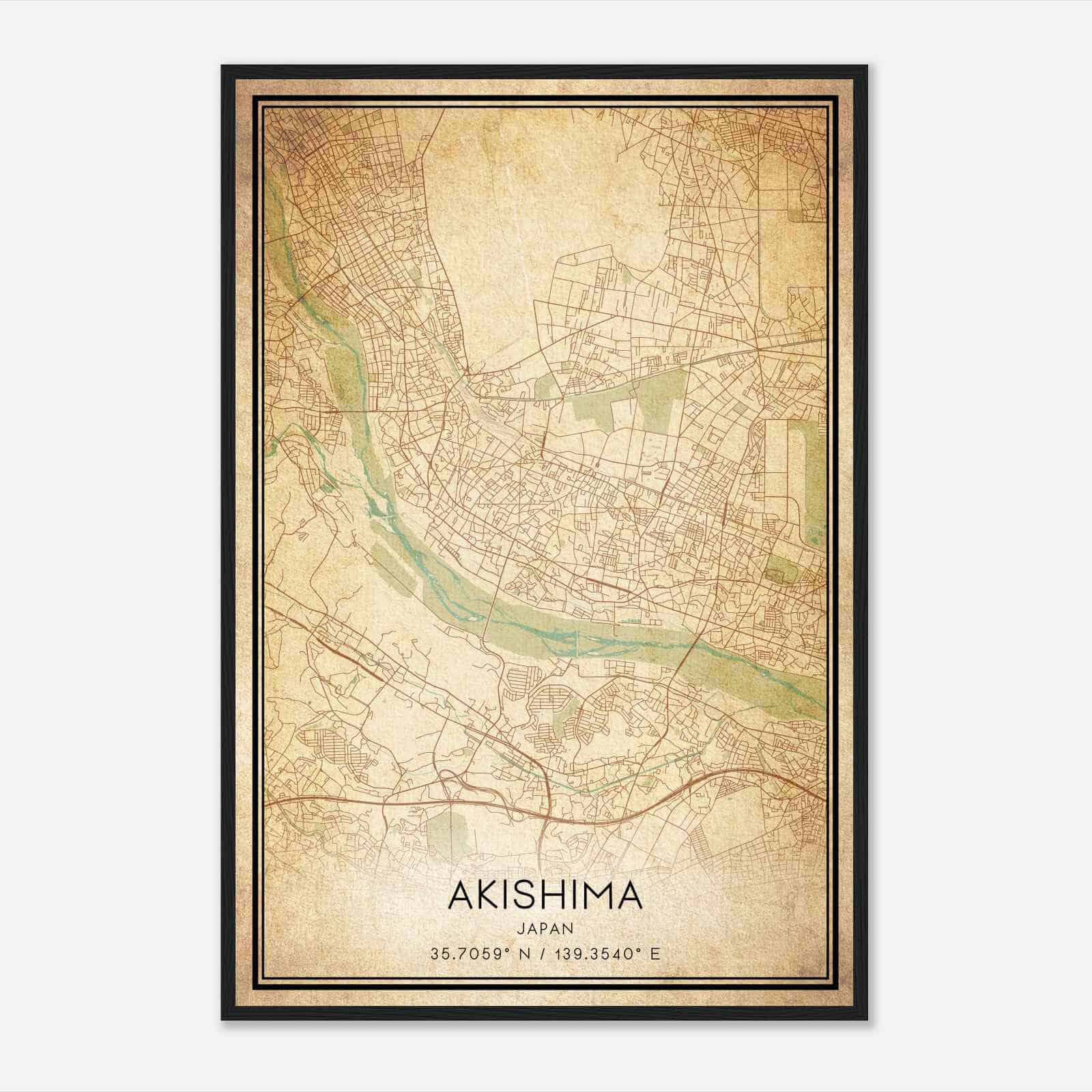 Vintage Akishima Japan Map Poster, Akishima City Road Wall Art Print