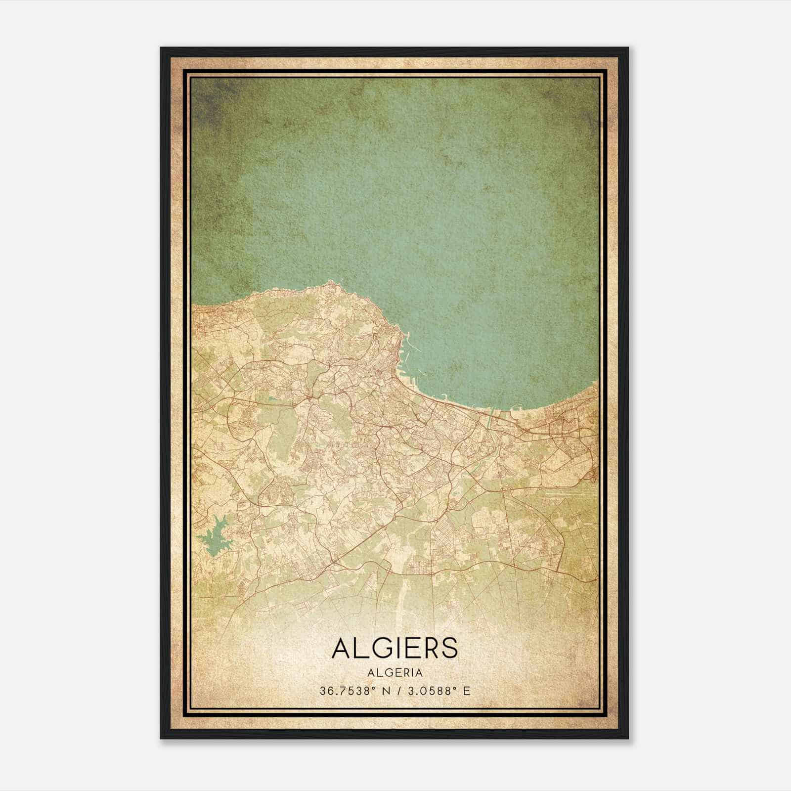 Vintage Algiers Algeria Map Poster, Algiers City Road Wall Art Print