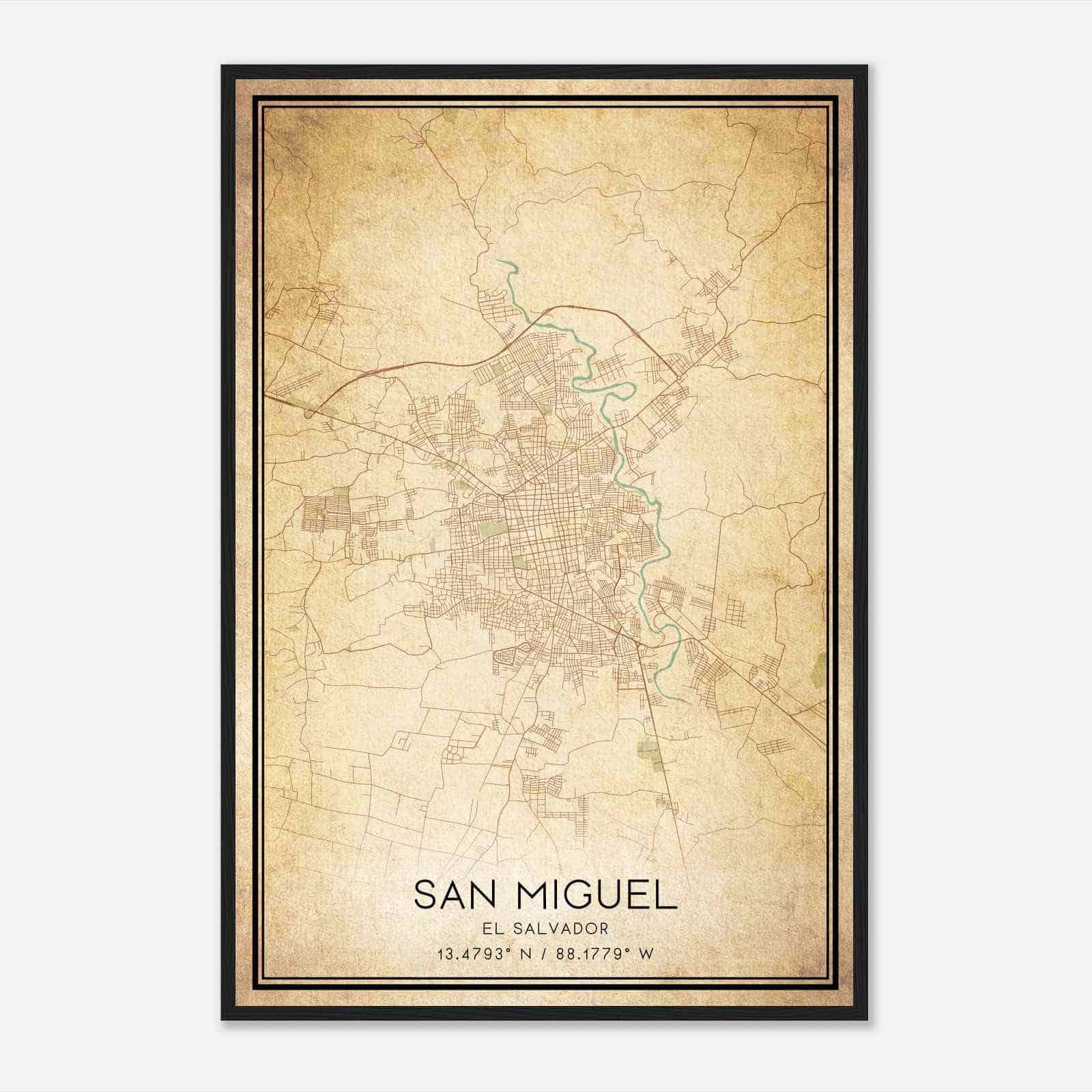 Vintage San Miguel El Salvador Map Poster, San Miguel City Road Wall Art Print