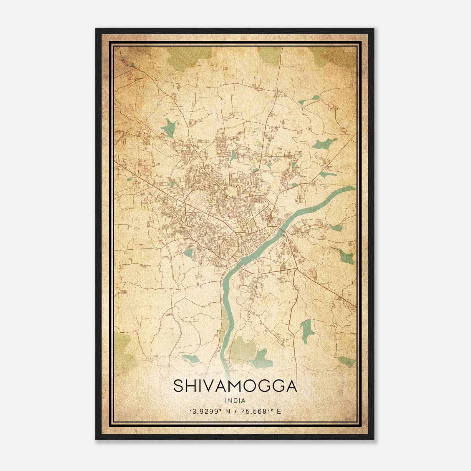 Vintage Shivamogga India Map Poster, Shivamogga City Road Wall Art Print