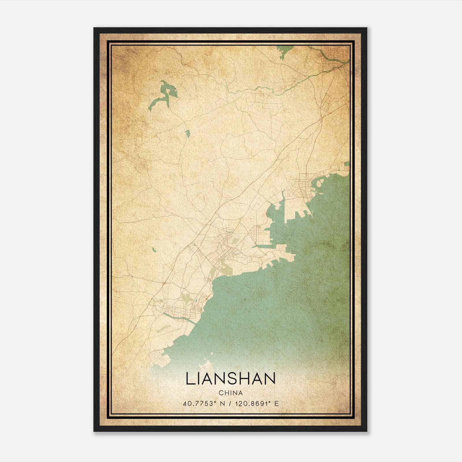 Vintage Lianshan China Map Poster, Lianshan City Road Wall Art Print
