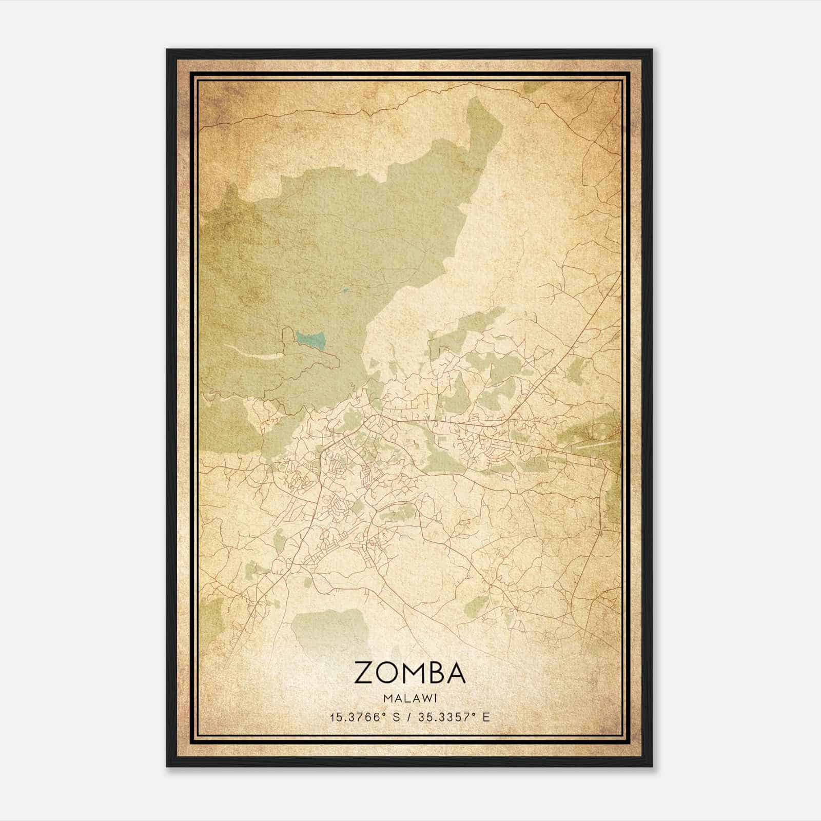 Vintage Zomba Malawi Map Poster, Zomba City Road Wall Art Print