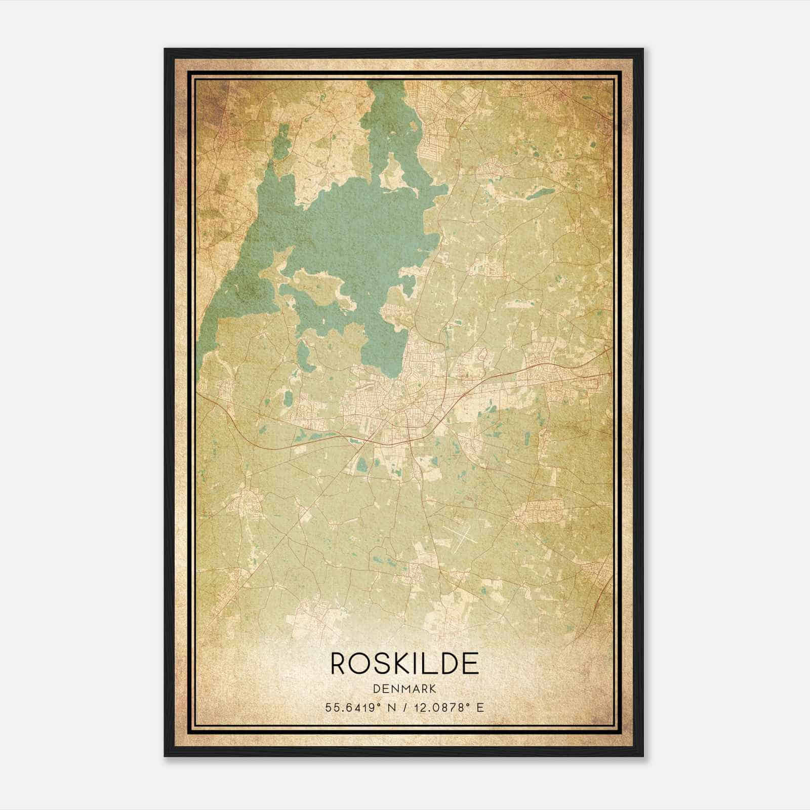 Vintage Roskilde Denmark Map Poster, Roskilde City Road Wall Art Print