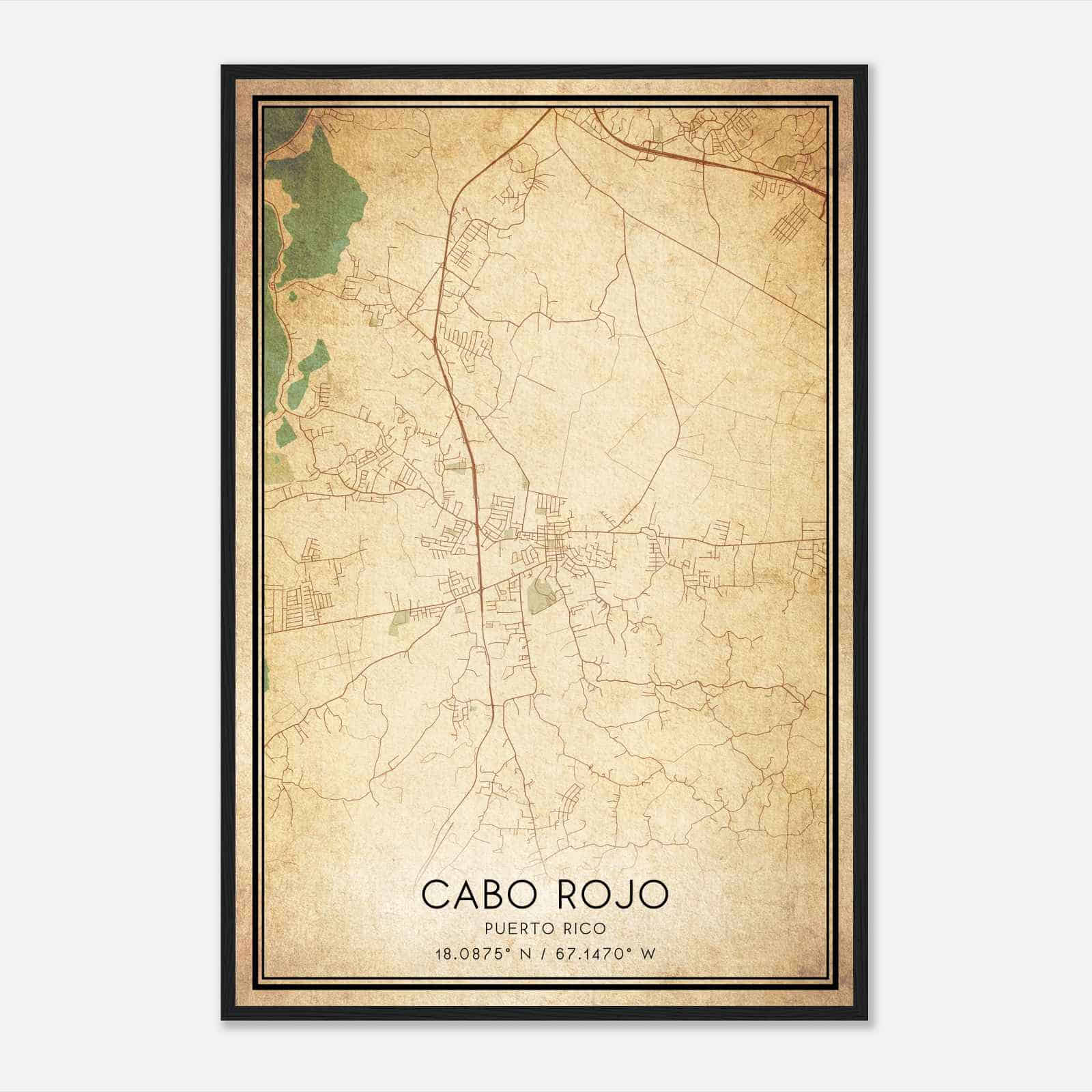 Vintage Cabo Rojo Puerto Rico Map Poster, Cabo Rojo City Road Wall Art Print