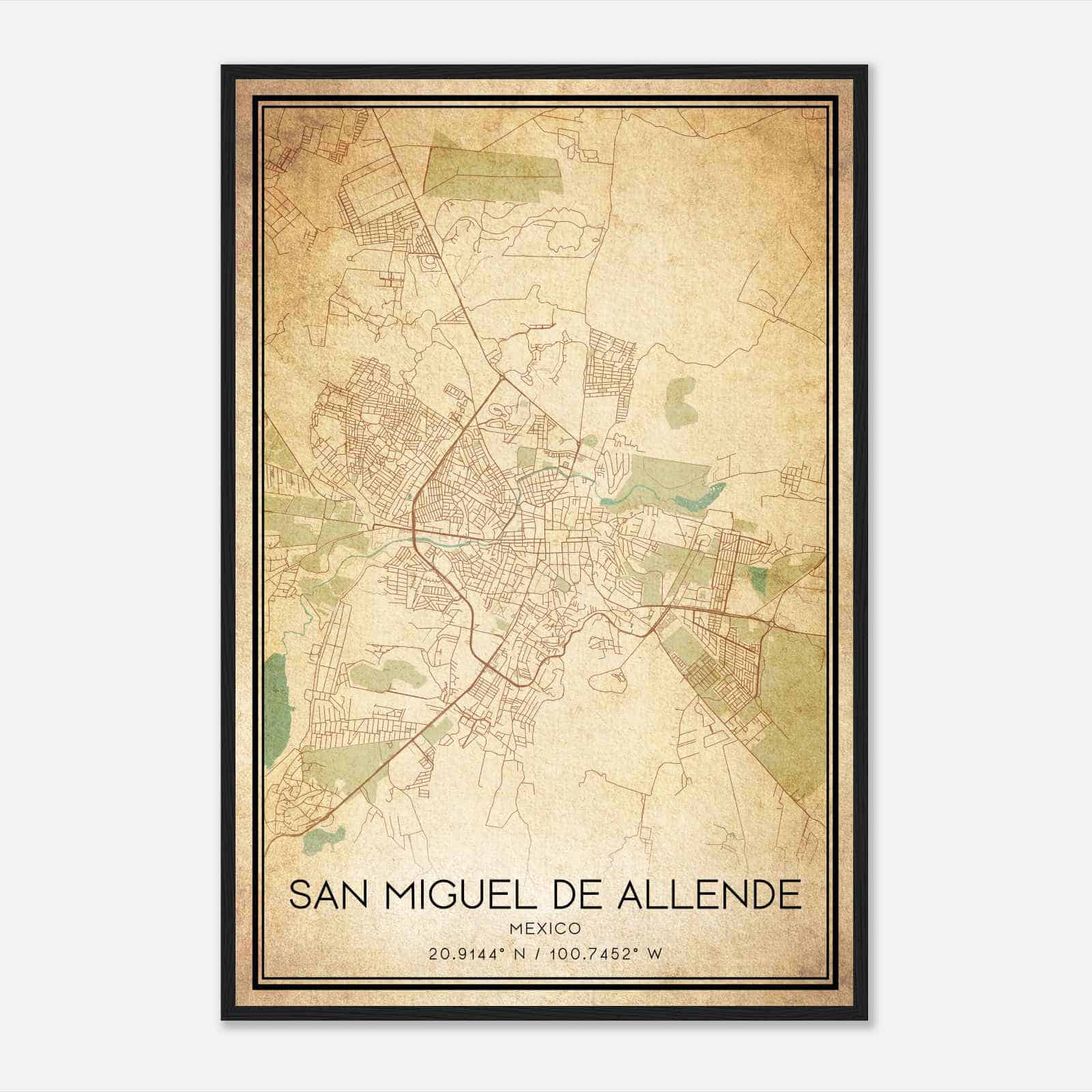Vintage San Miguel de Allende Mexico Map Poster, San Miguel de Allende City Road Wall Art Print