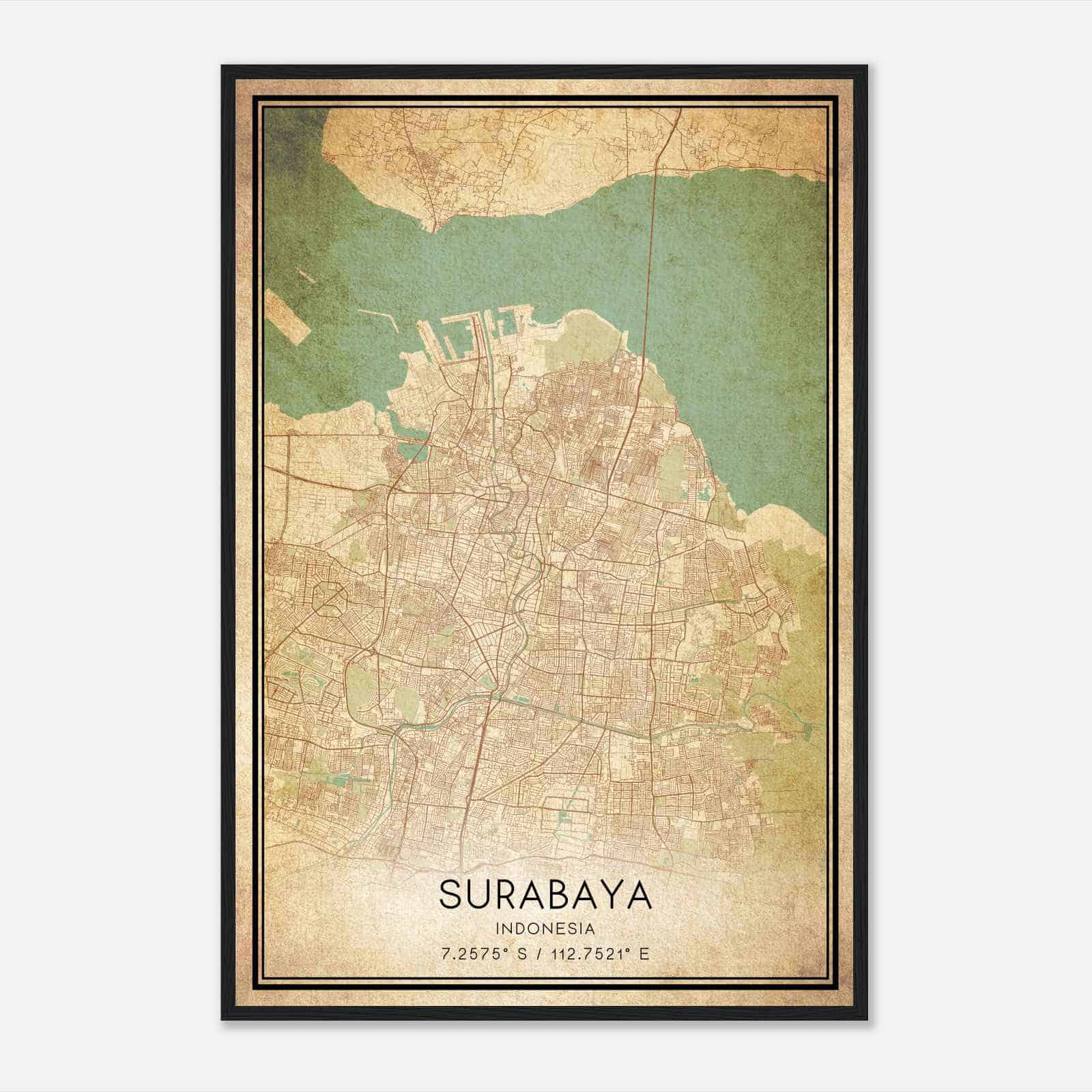 Vintage Surabaya Indonesia Map Poster, Surabaya City Road Wall Art Print