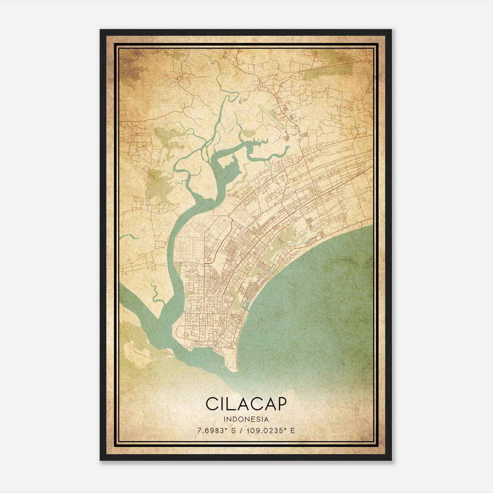 Vintage Cilacap Indonesia Map Poster, Cilacap City Road Wall Art Print