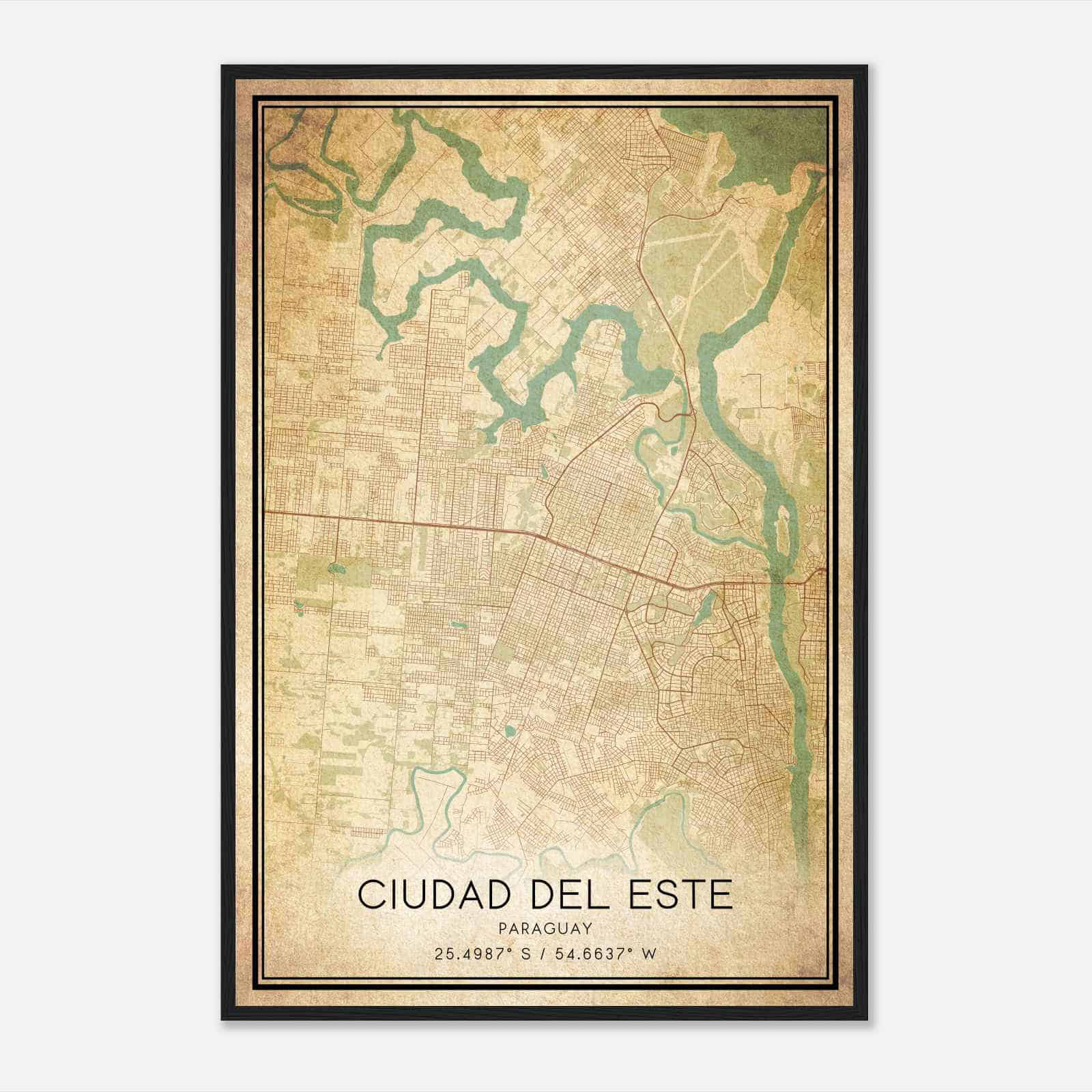 Vintage Ciudad del Este Paraguay Map Poster, Ciudad del Este City Road Wall Art Print