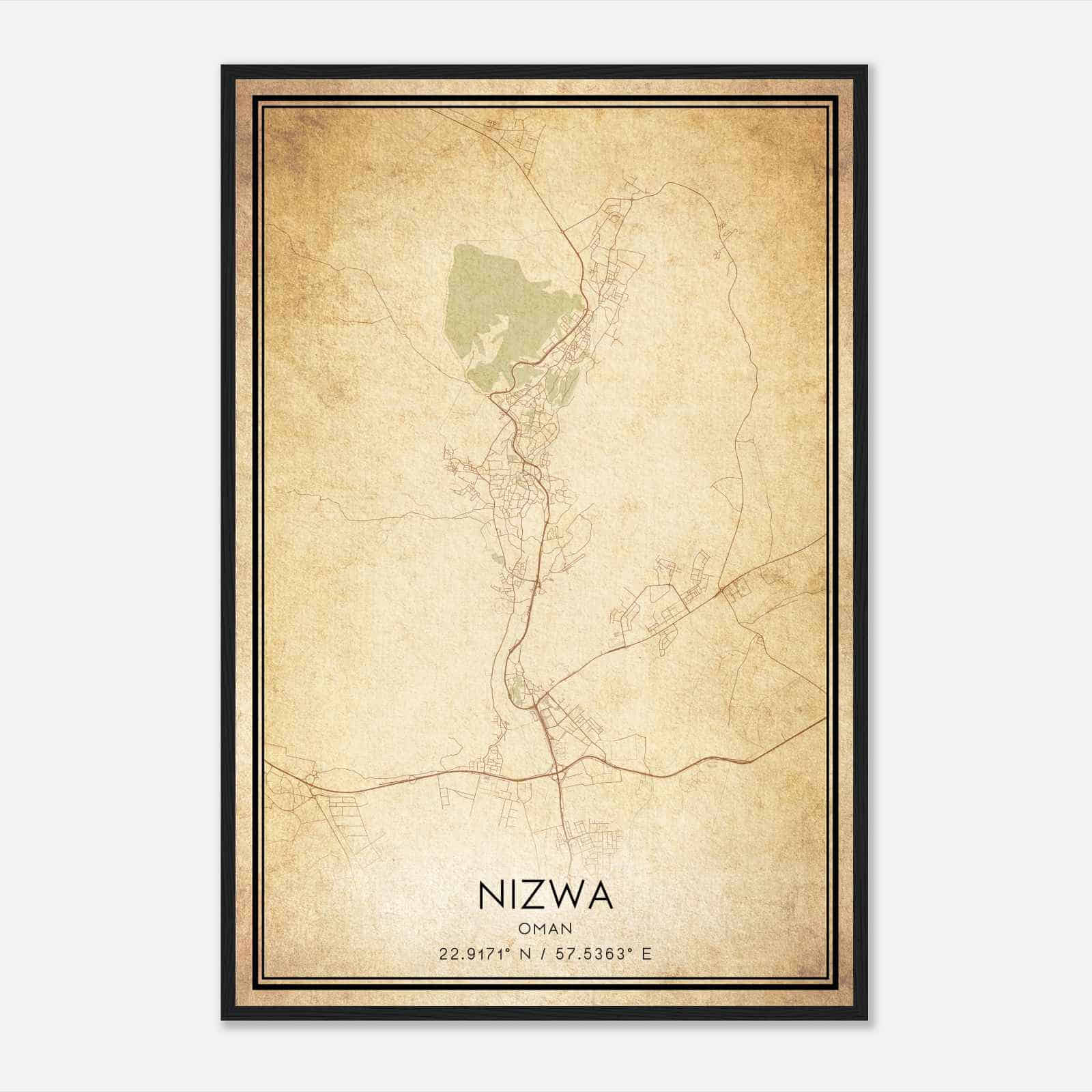 Vintage Nizwa Oman Map Poster, Nizwa City Road Wall Art Print