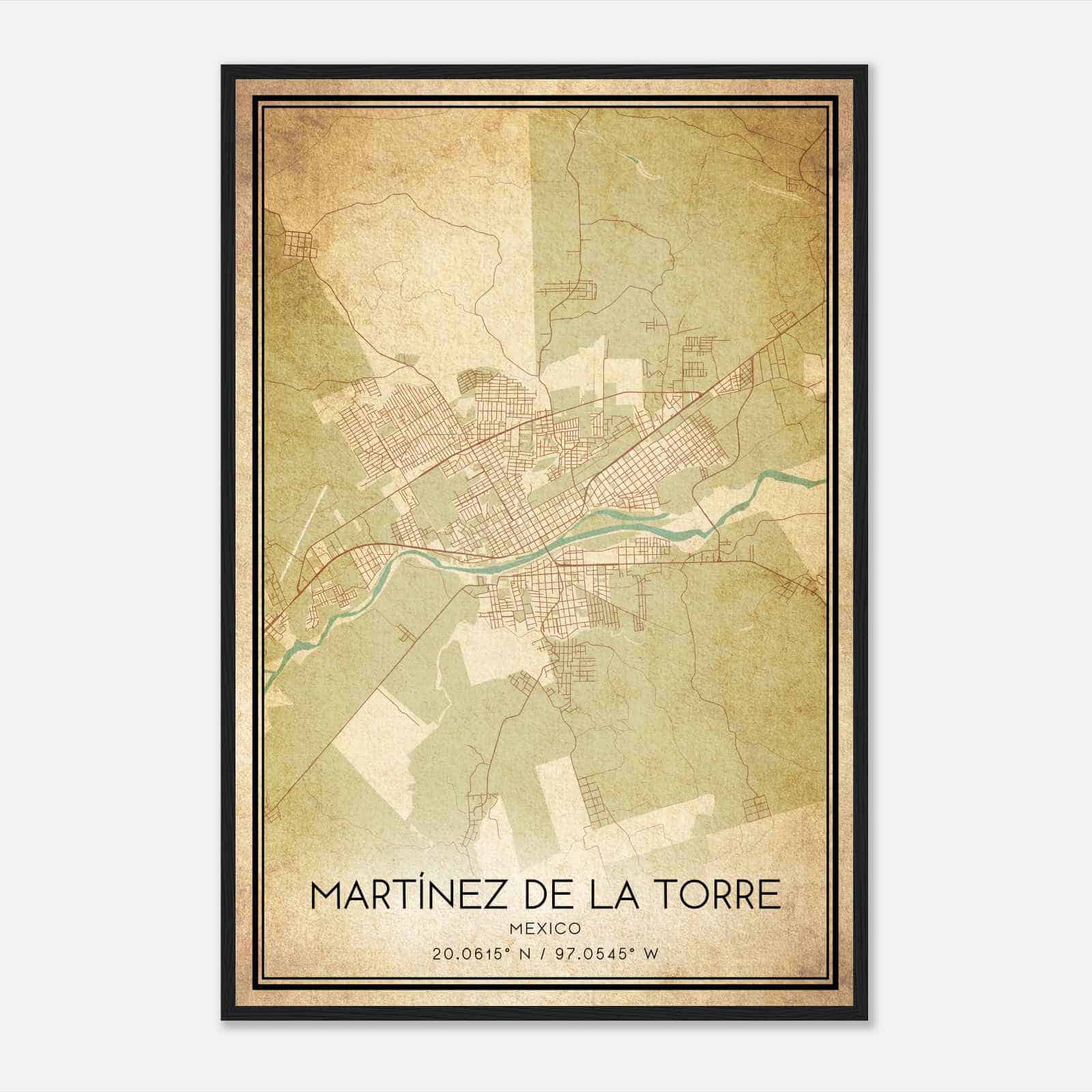 Vintage Martinez de la Torre Mexico Map Poster, Martinez de la Torre City Road Wall Art Print