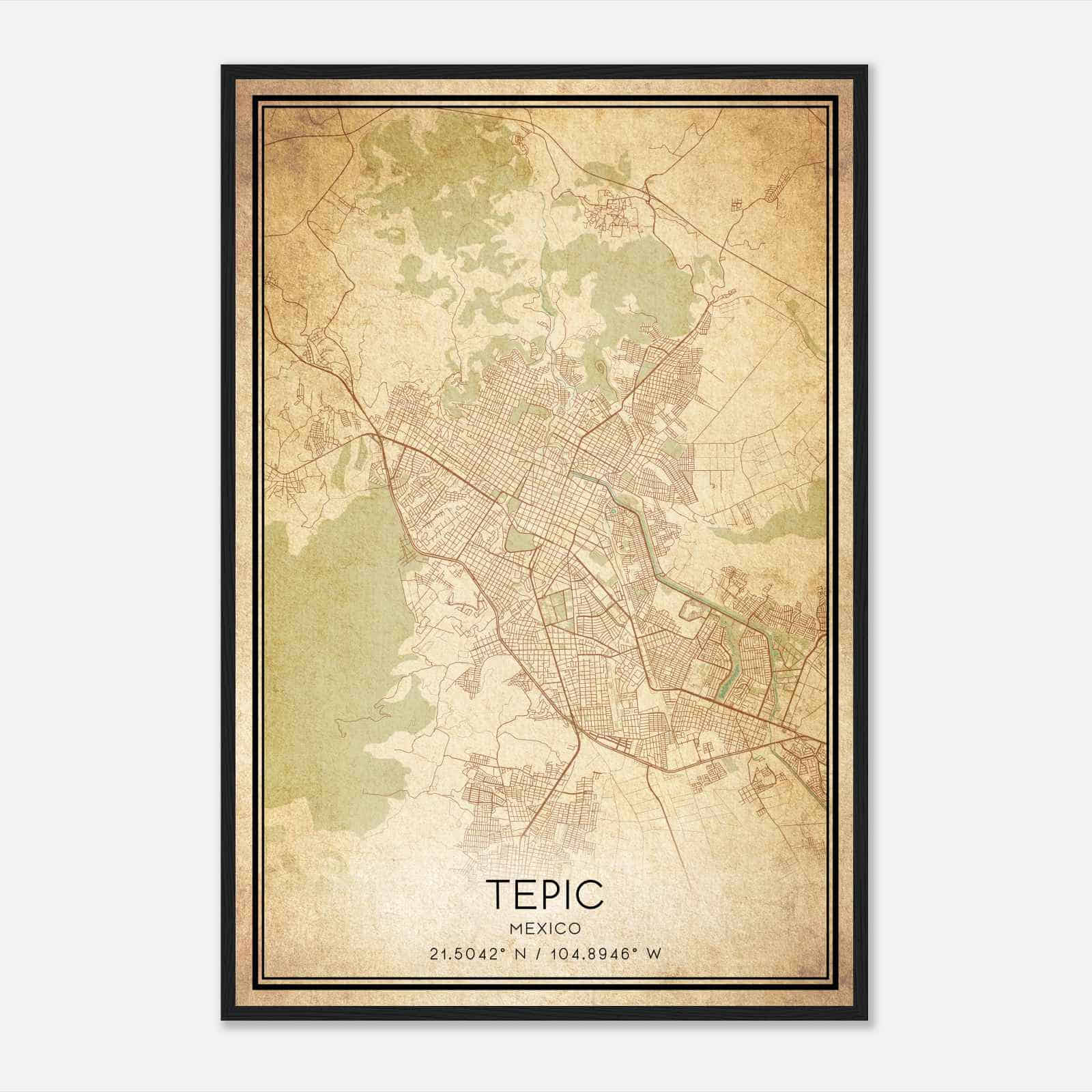 Vintage Tepic Mexico Map Poster, Tepic City Road Wall Art Print