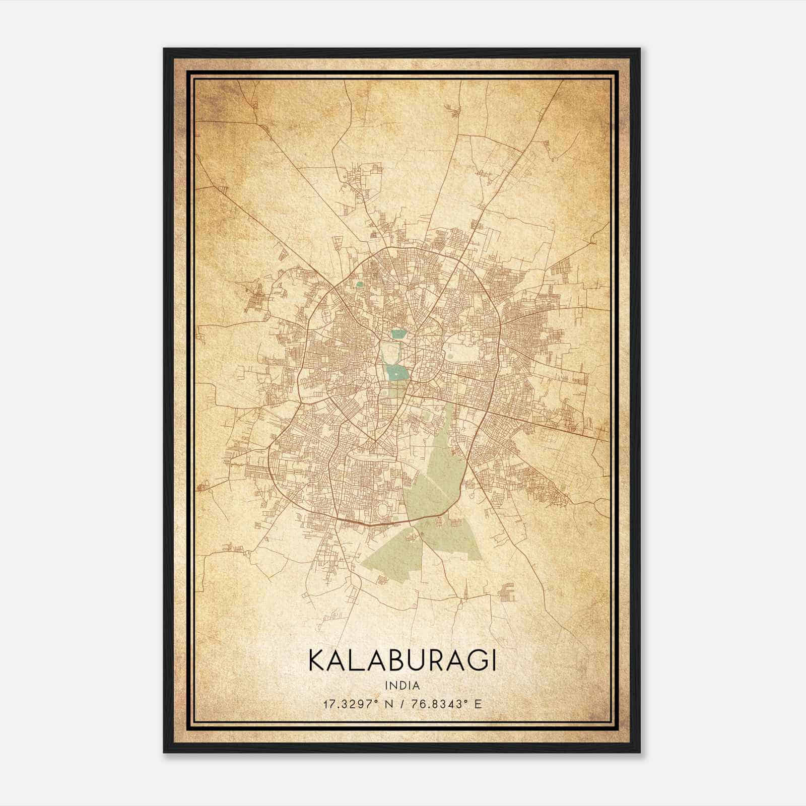 Vintage Kalaburagi India Map Poster, Kalaburagi City Road Wall Art Print