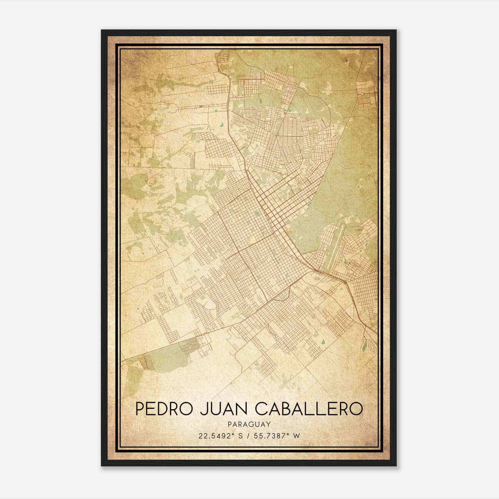 Vintage Pedro Juan Caballero Paraguay Map Poster, Pedro Juan Caballero City Road Wall Art Print