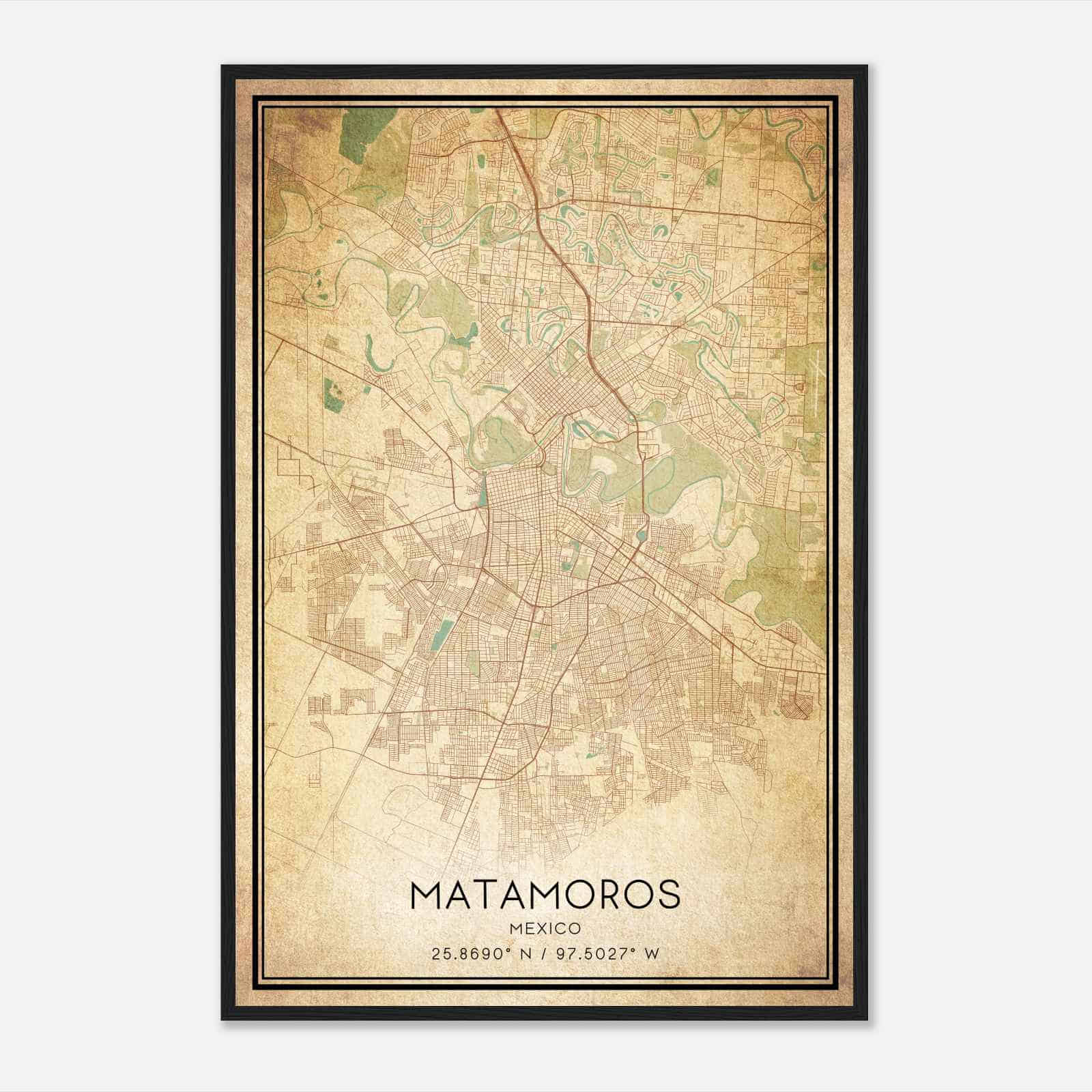 Vintage Matamoros Mexico Map Poster, Matamoros City Road Wall Art Print