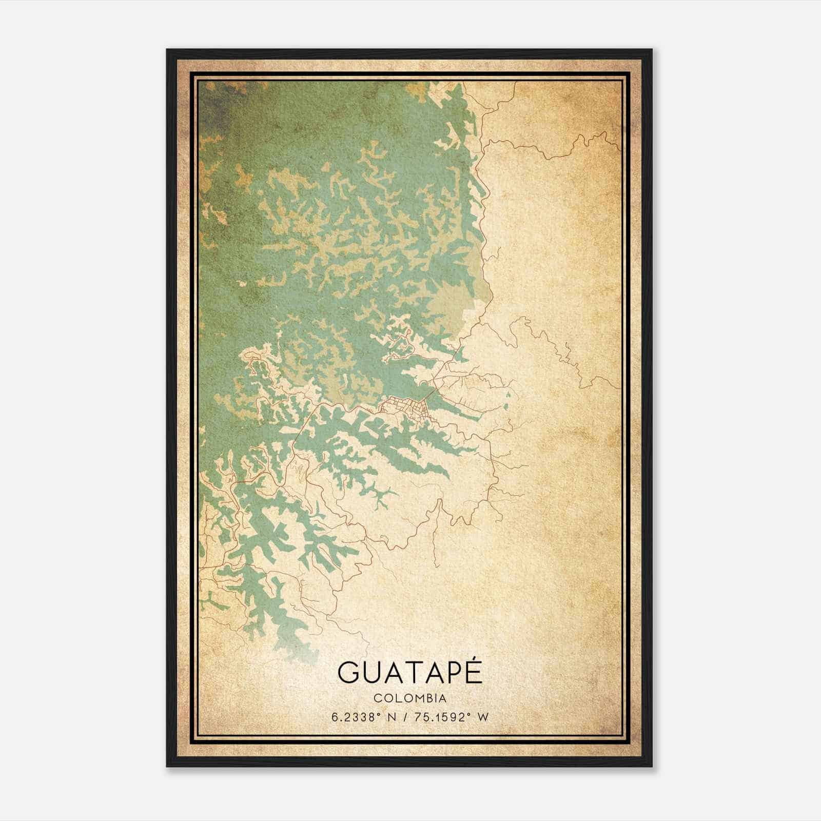 Vintage Guatape Colombia Map Poster, Guatape City Road Wall Art Print