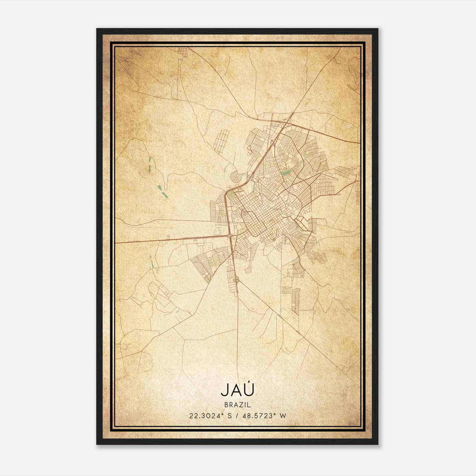 Vintage Jau Brazil Map Poster, Jau City Road Wall Art Print