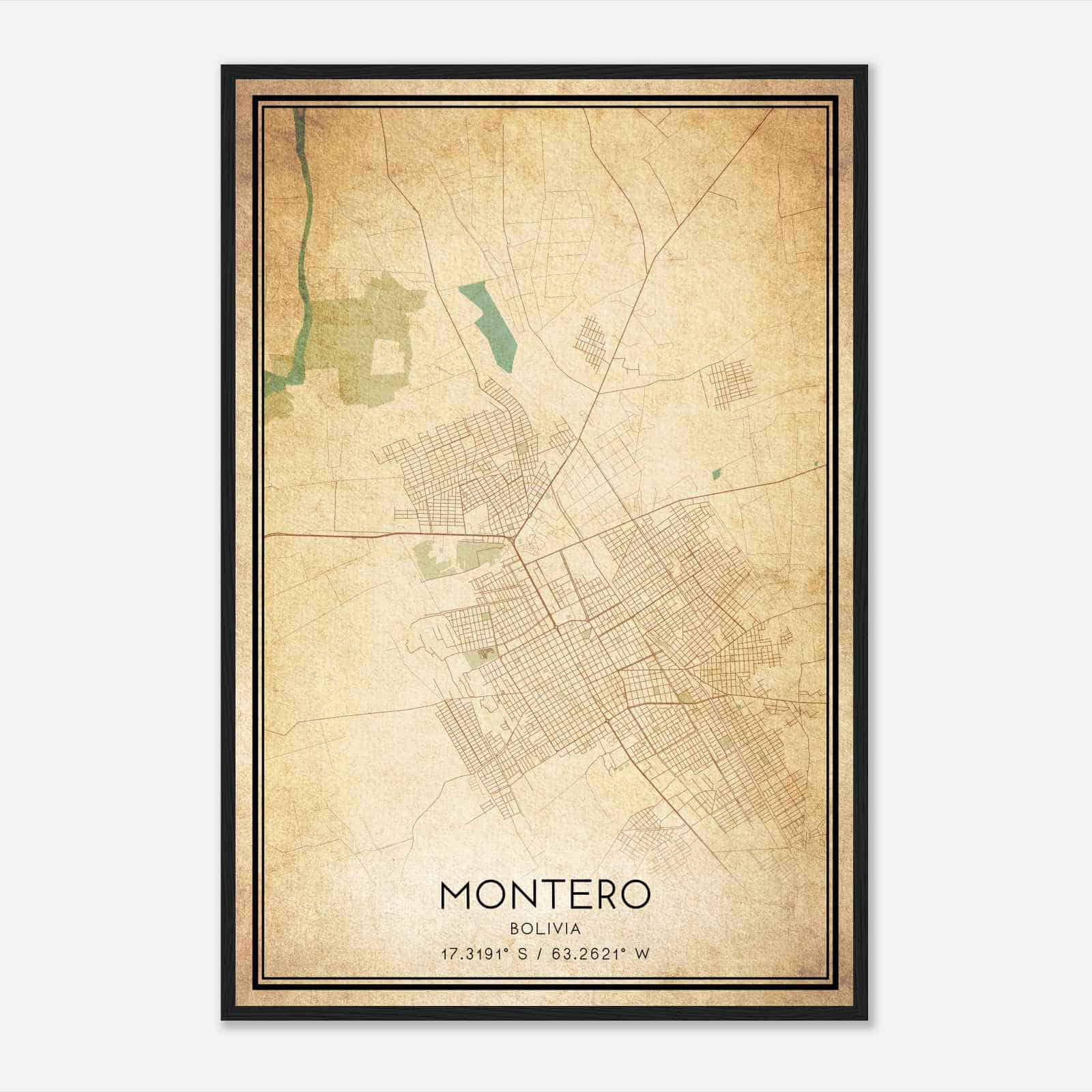Vintage Montero Bolivia Map Poster, Montero City Road Wall Art Print