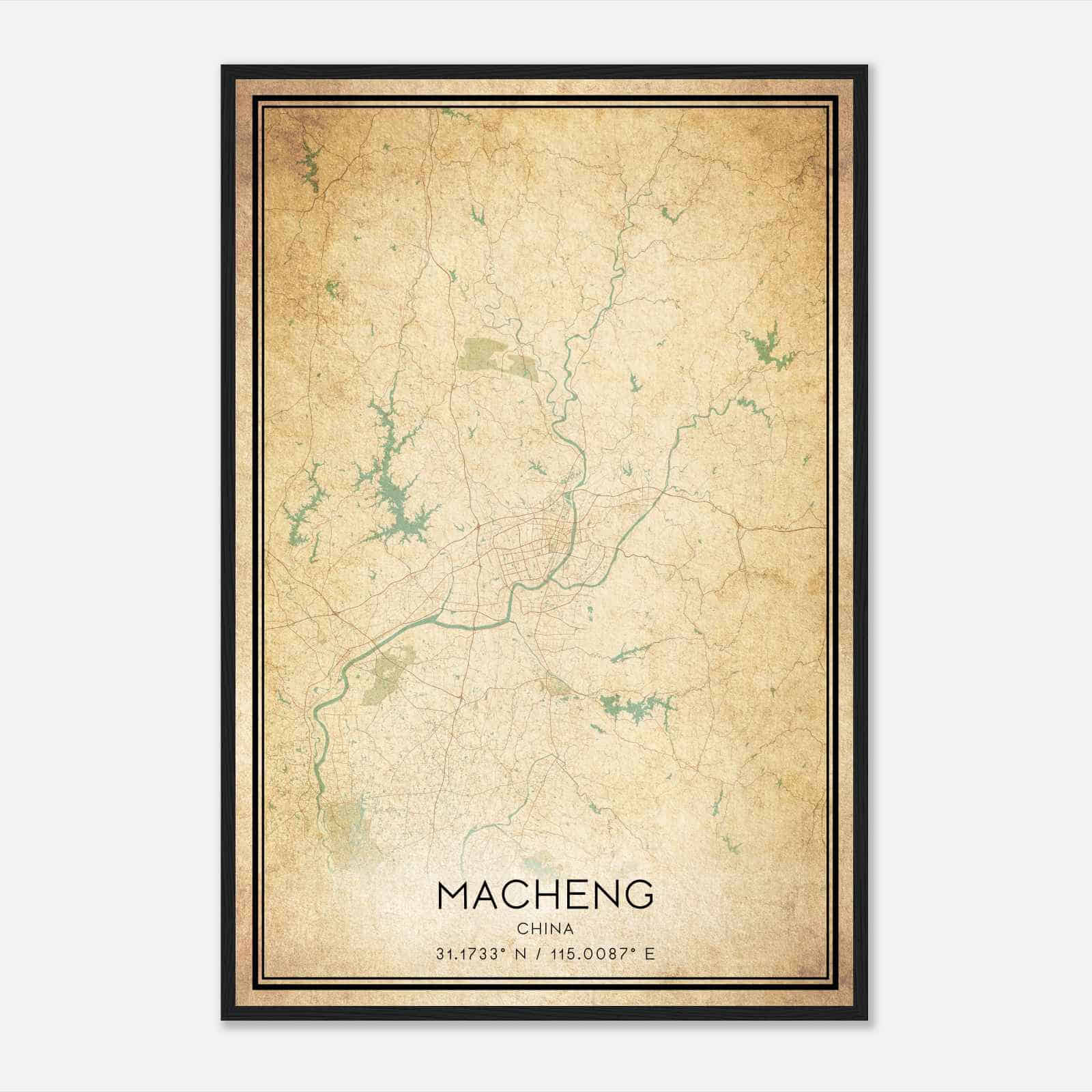 Vintage Macheng China Map Poster, Macheng City Road Wall Art Print