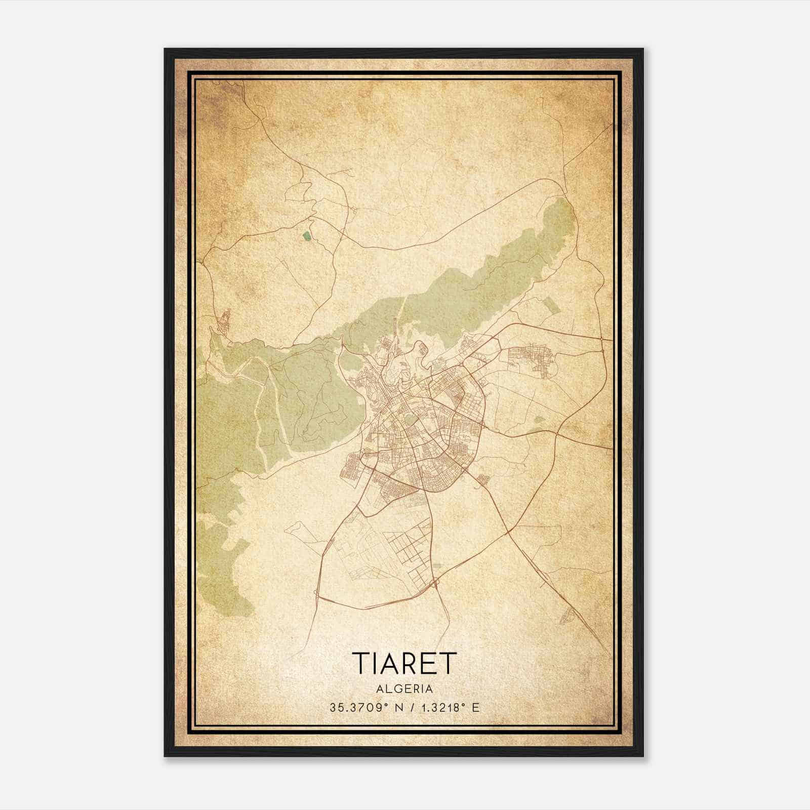 Vintage Tiaret Algeria Map Poster, Tiaret City Road Wall Art Print