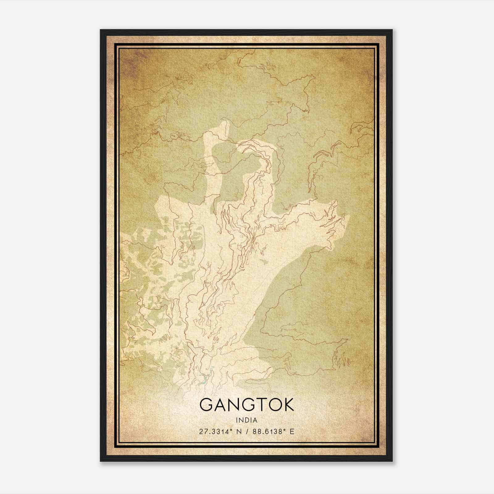 Vintage Gangtok India Map Poster, Gangtok City Road Wall Art Print