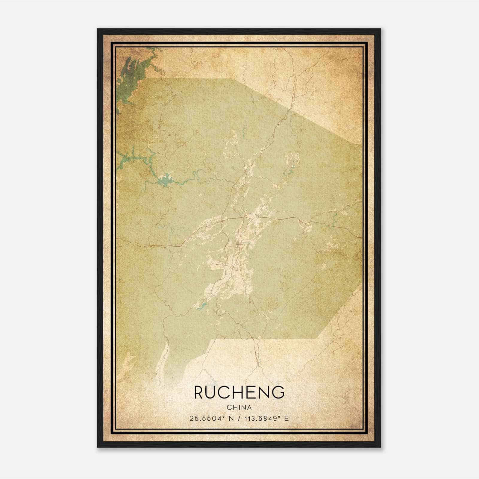 Vintage Rucheng China Map Poster, Rucheng City Road Wall Art Print