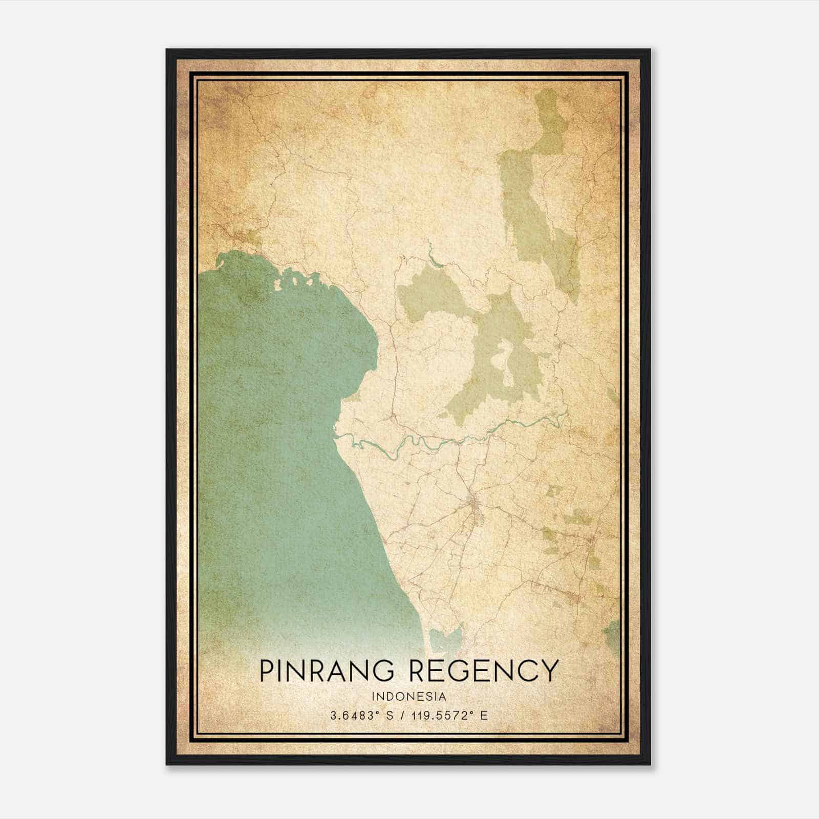 Vintage Pinrang Regency Indonesia Map Poster, Pinrang Regency City Road Wall Art Print