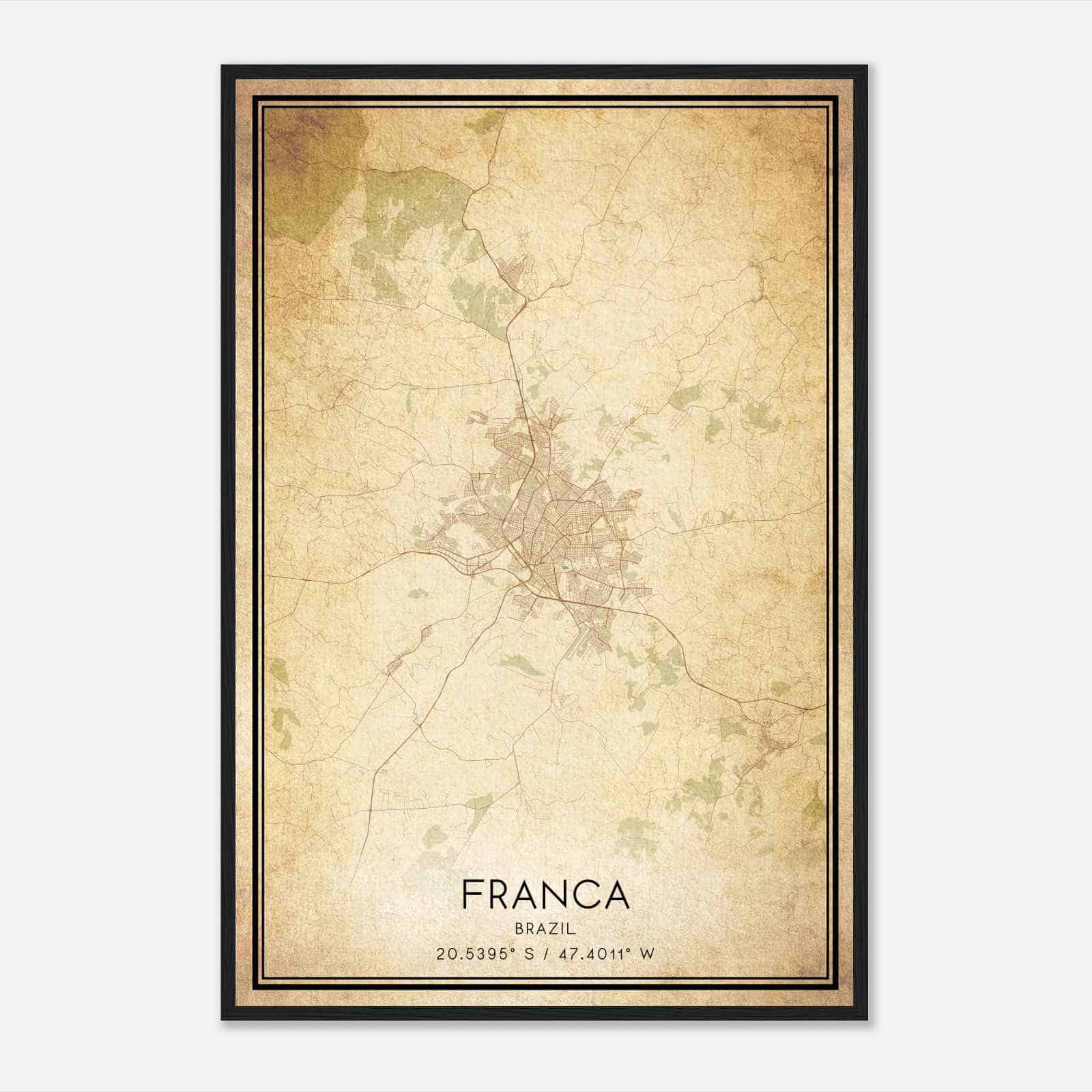 Vintage Franca Brazil Map Poster, Franca City Road Wall Art Print