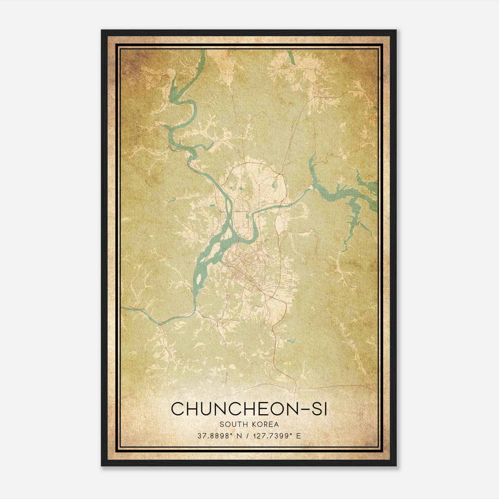 Vintage Chuncheonsi South Korea Map Poster, Chuncheonsi City Road Wall Art Print