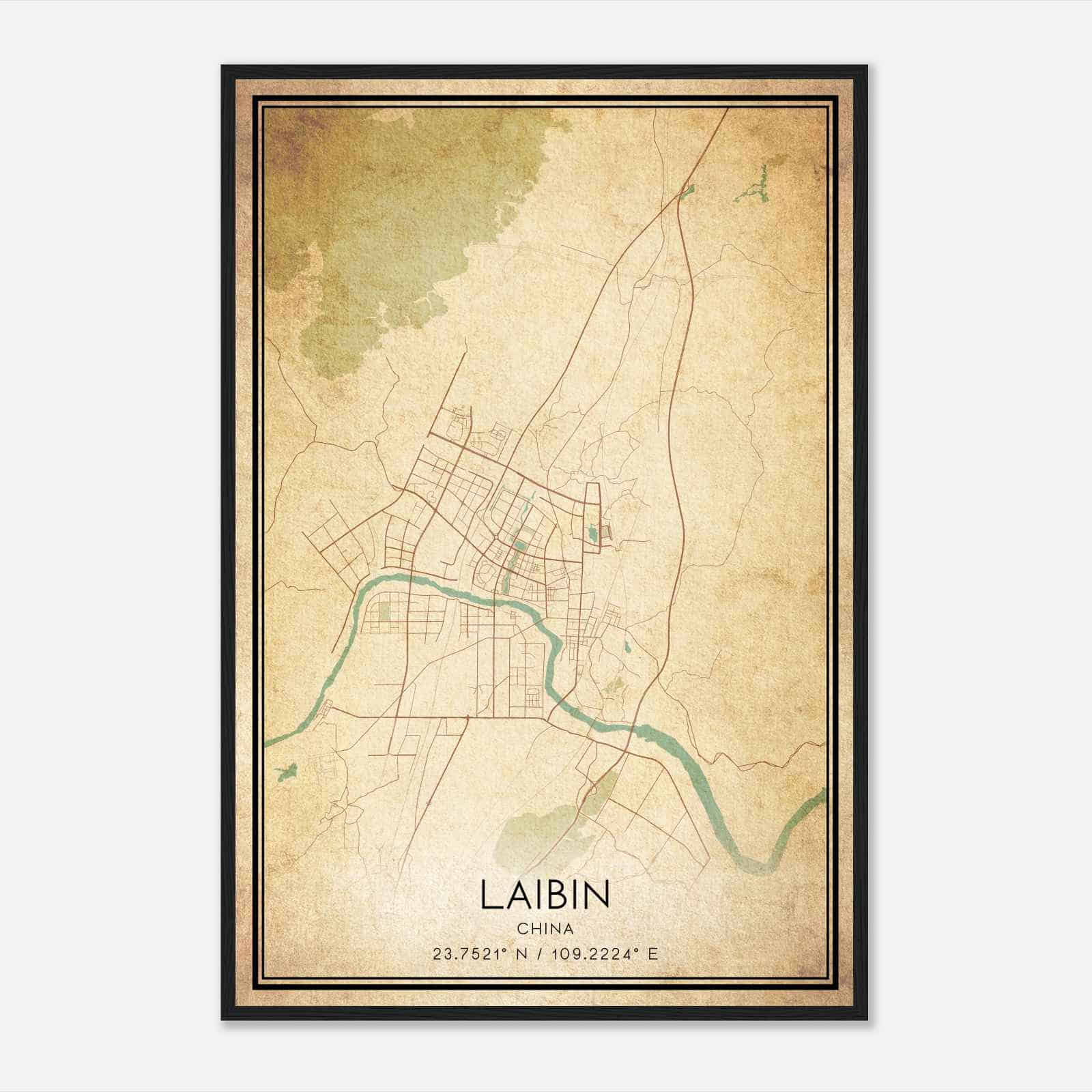 Vintage Laibin China Map Poster, Laibin City Road Wall Art Print