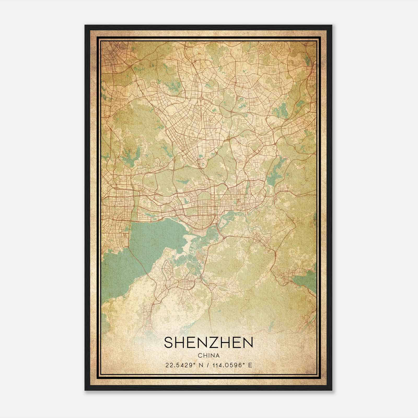 Vintage Shenzhen China Map Poster, Shenzhen City Road Wall Art Print