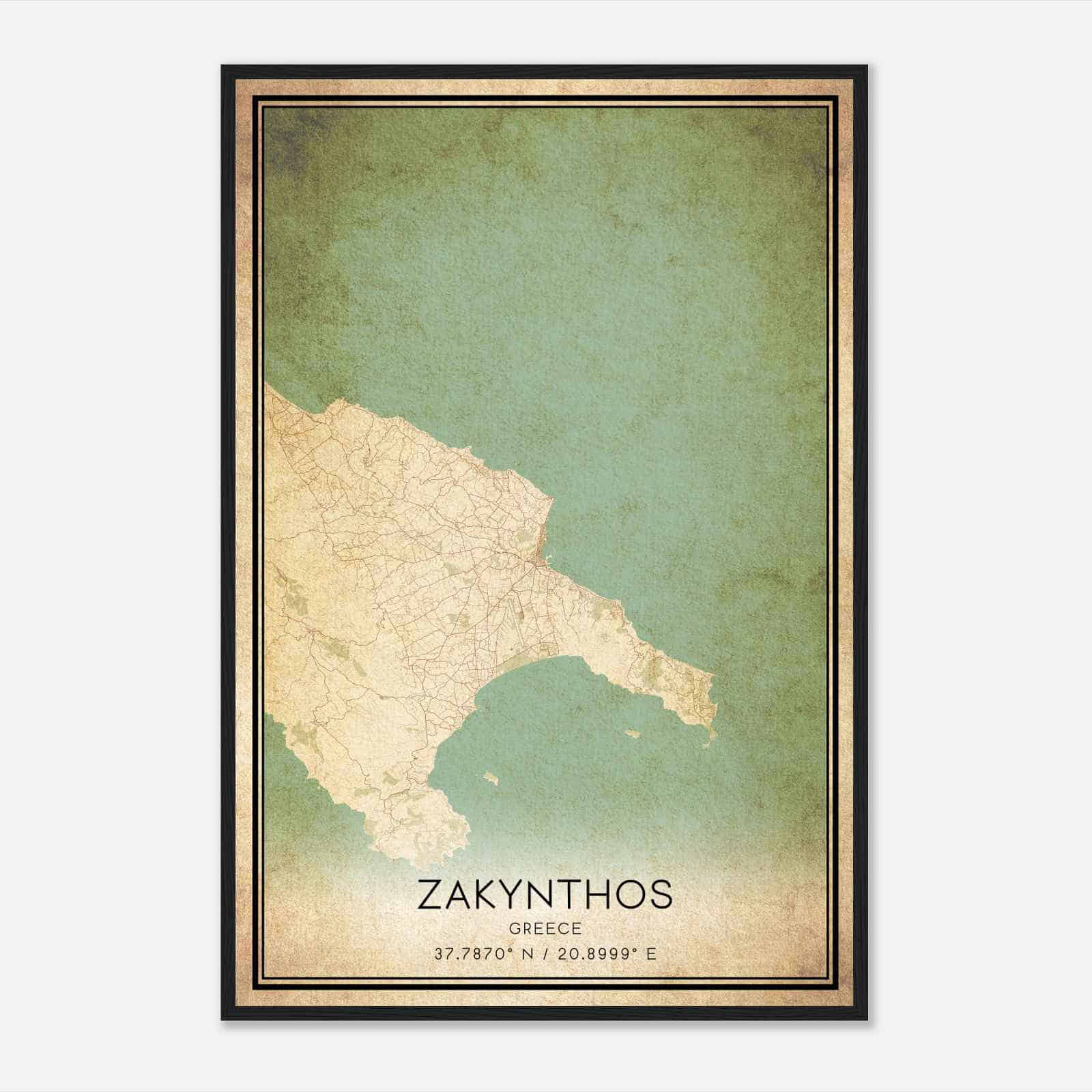 Vintage Zakynthos Greece Map Poster, Zakynthos City Road Wall Art Print