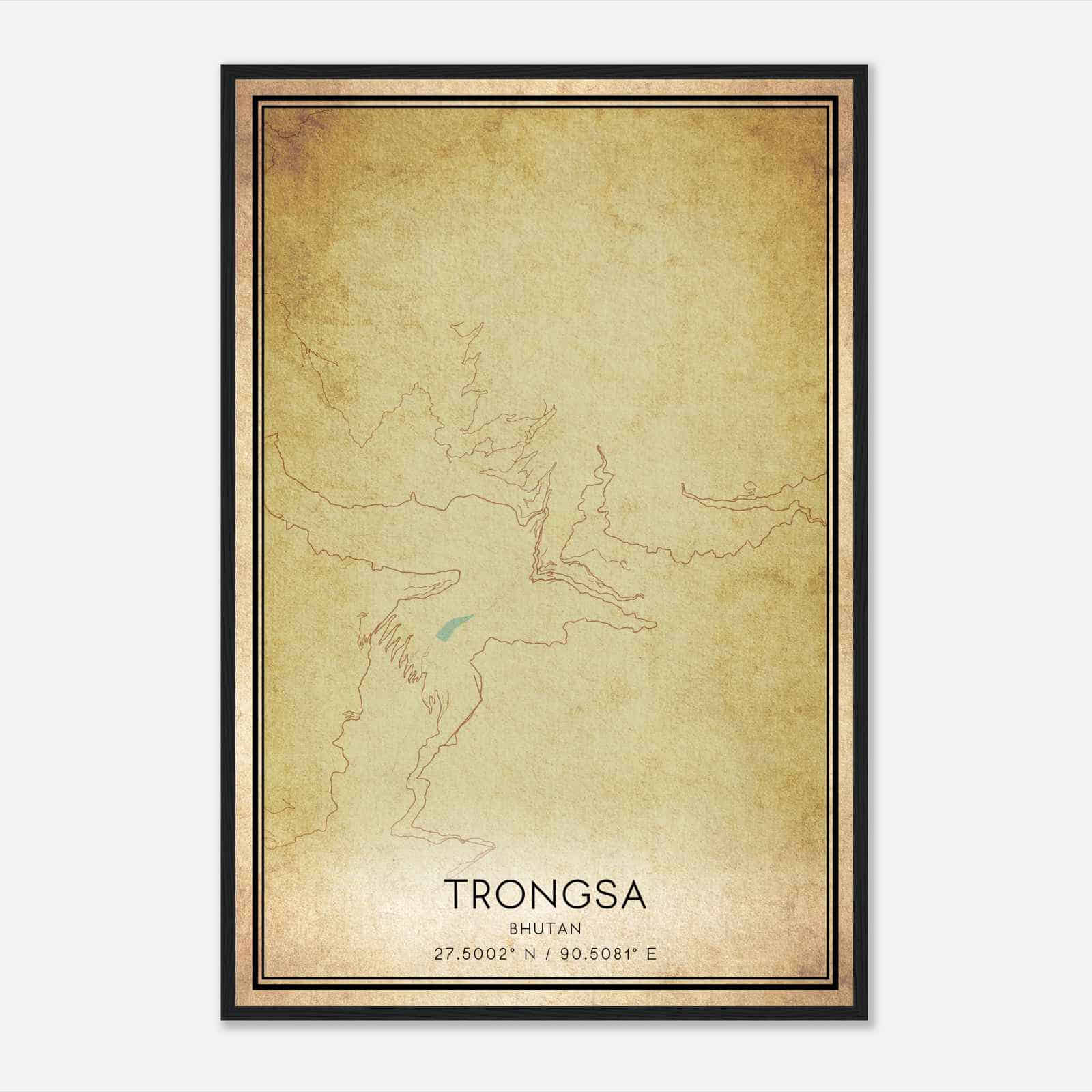 Vintage Trongsa Bhutan Map Poster, Trongsa City Road Wall Art Print