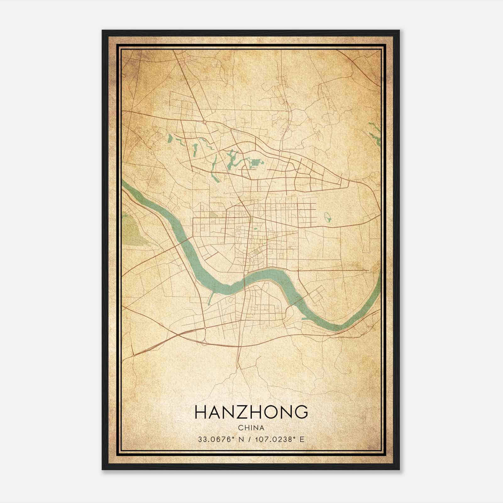 Vintage Hanzhong China Map Poster, Hanzhong City Road Wall Art Print
