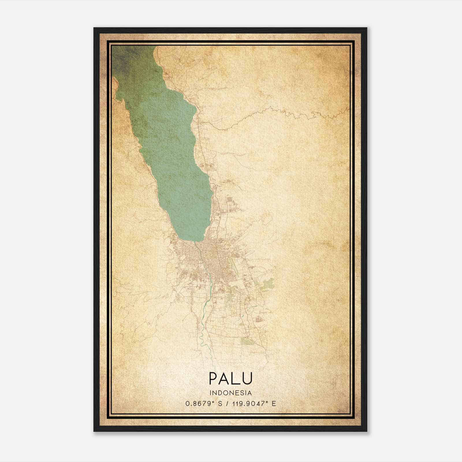 Vintage Palu Indonesia Map Poster, Palu City Road Wall Art Print