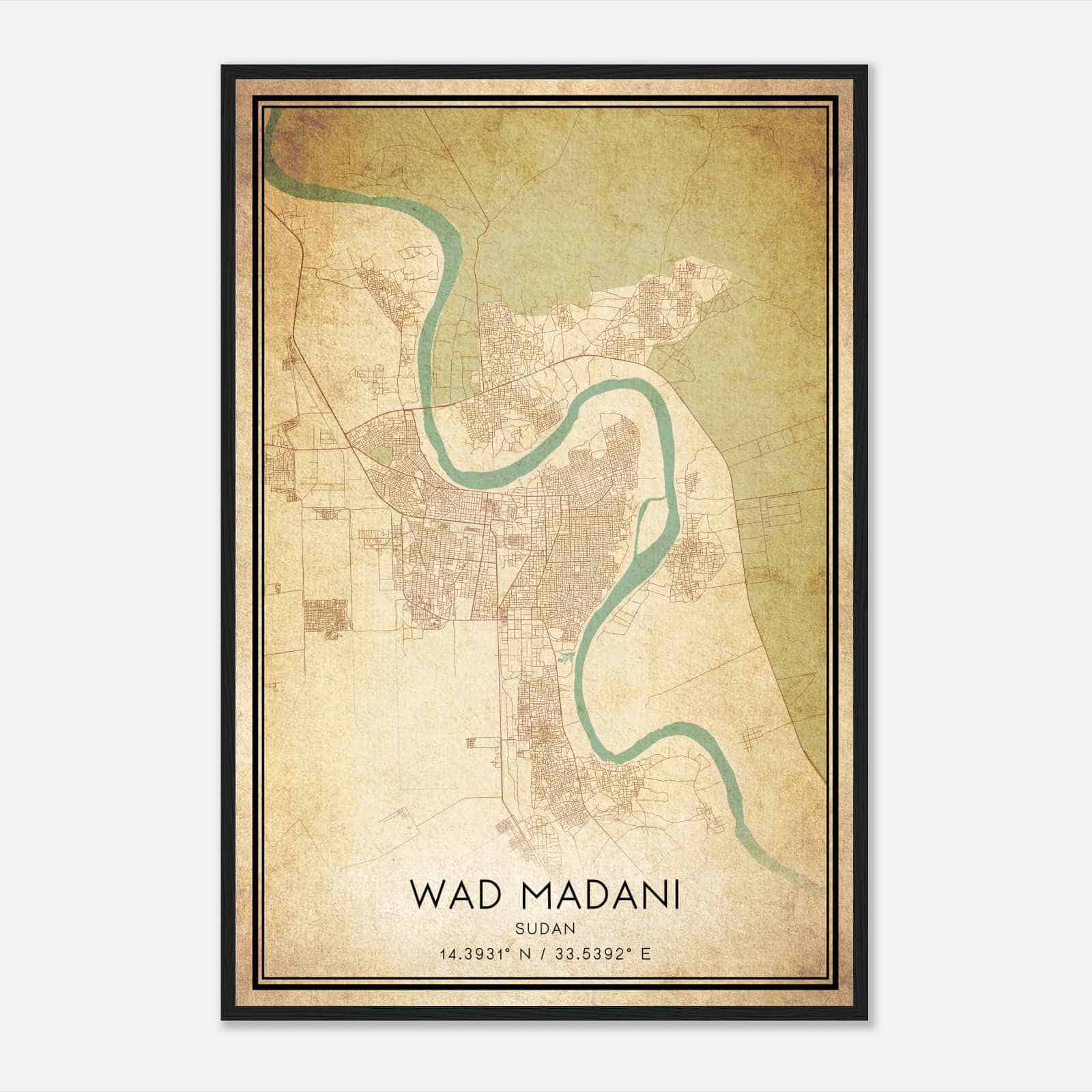 Vintage Wad Madani Sudan Map Poster, Wad Madani City Road Wall Art Print