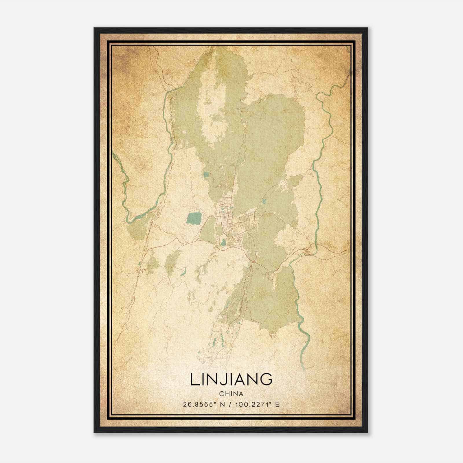 Vintage Linjiang China Map Poster, Linjiang City Road Wall Art Print
