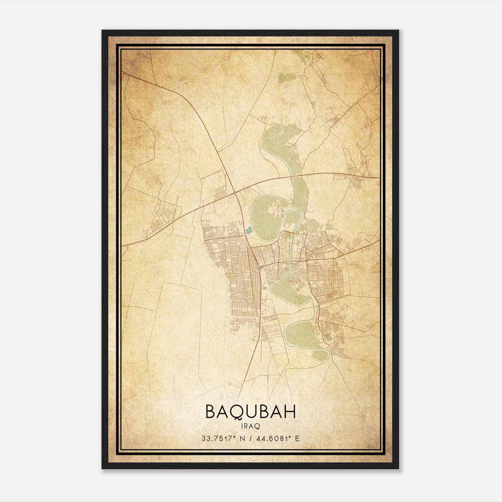 Vintage Baqubah Iraq Map Poster, Baqubah City Road Wall Art Print