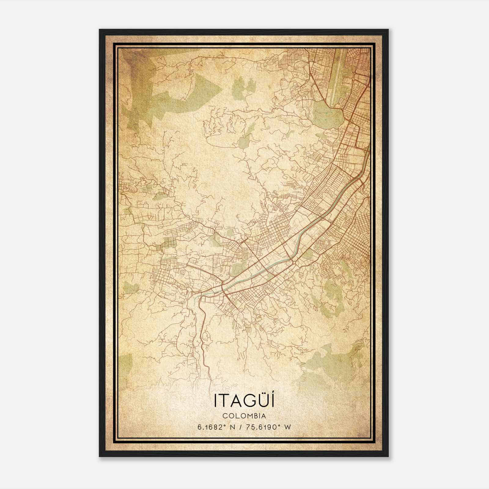 Vintage Itagui Colombia Map Poster, Itagui City Road Wall Art Print