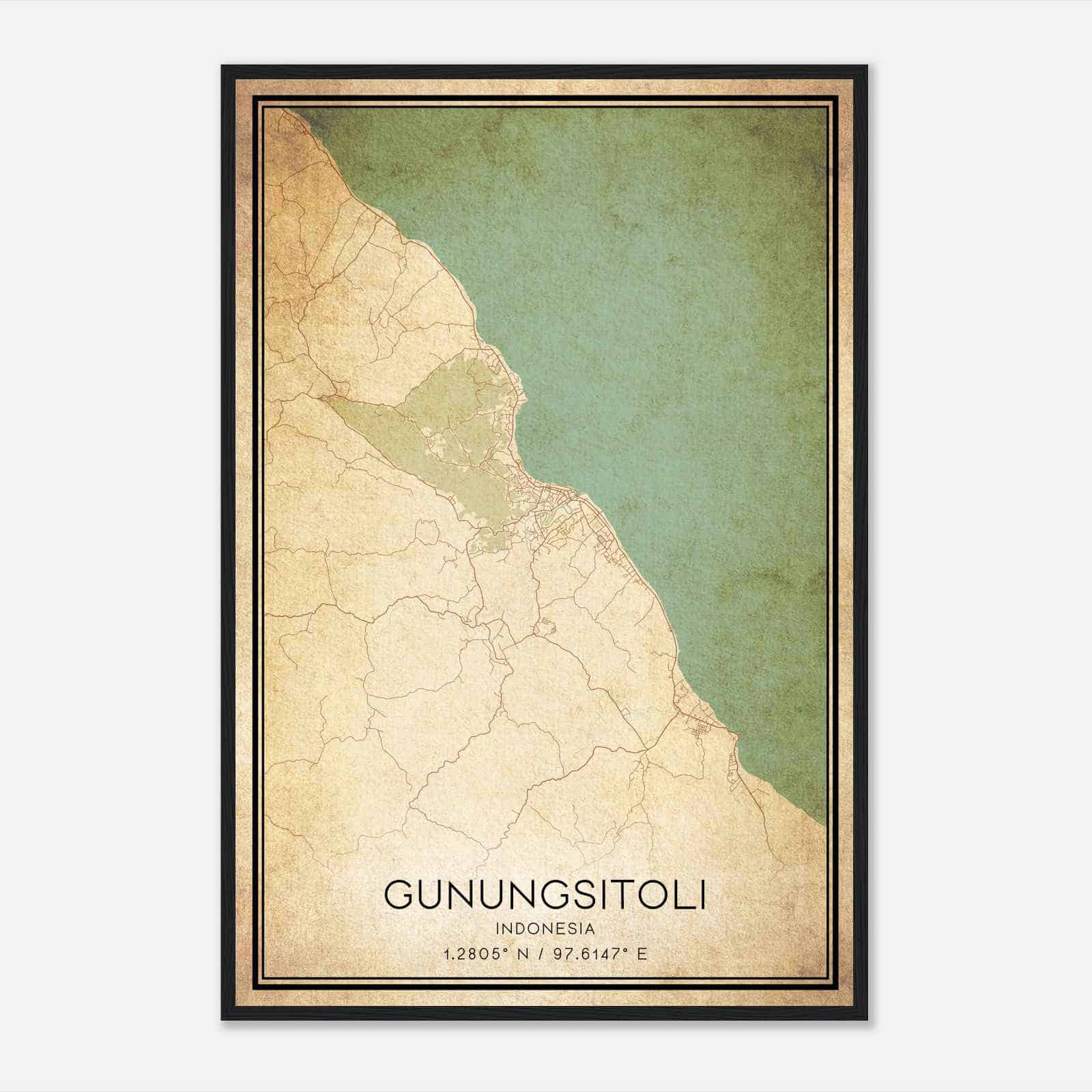 Vintage Gunungsitoli Indonesia Map Poster, Gunungsitoli City Road Wall Art Print